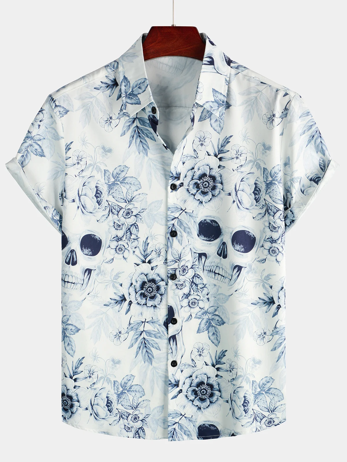 Men's Skull Print Casual Lapel Button-Up Short Sleeve Shirt