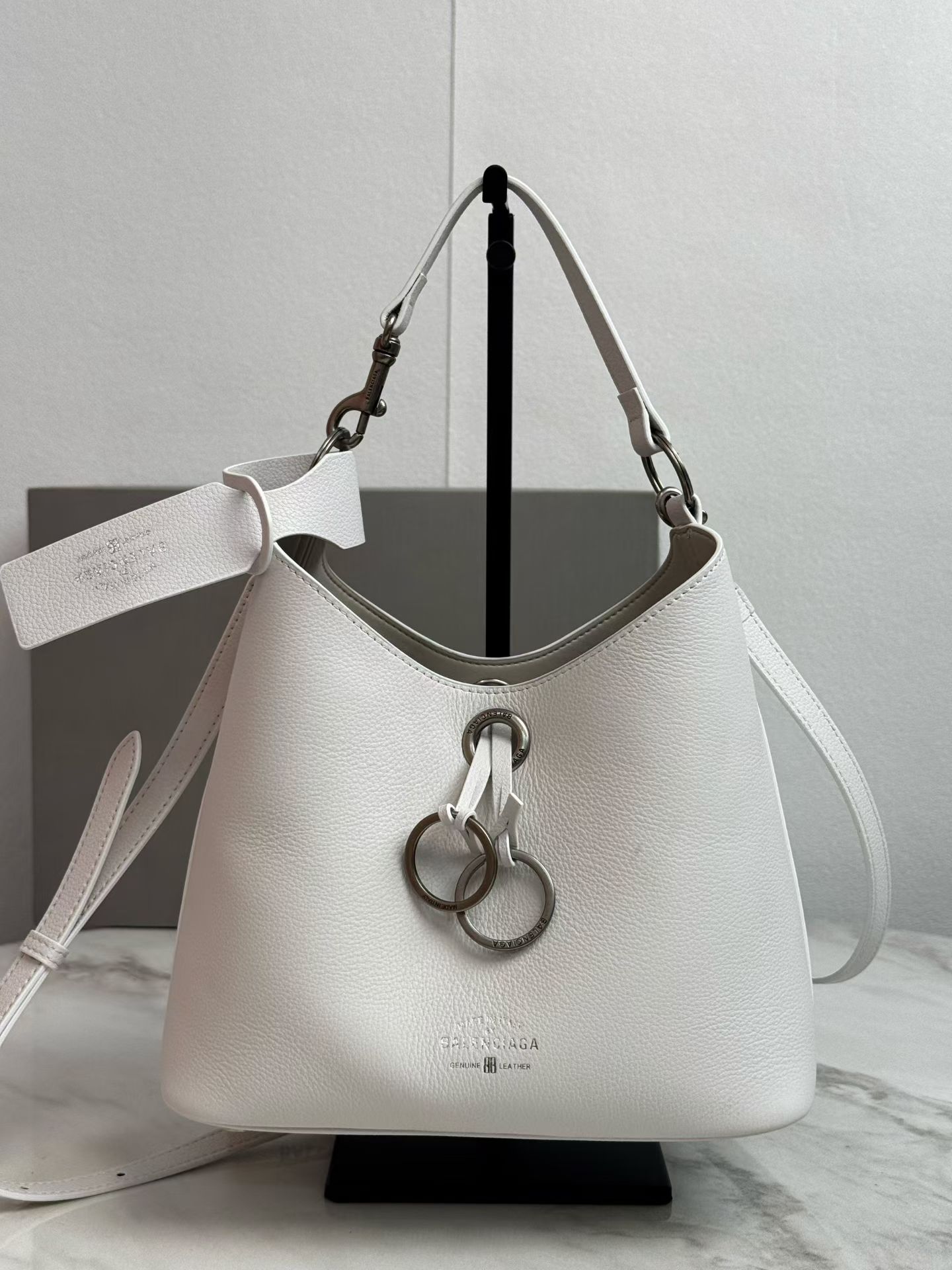 Balenciaga Duty Free Small White Pierced Soft Grained Leather Silver Ring Hobo Tote Bag - KAIROO