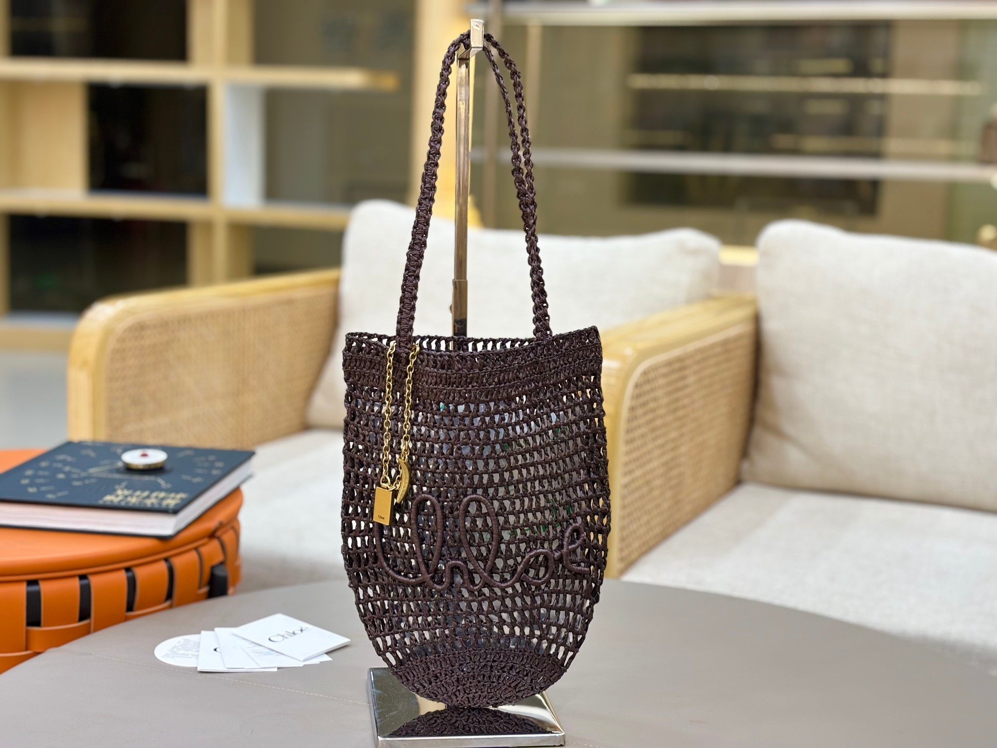 Chloe Small Summer Banaba Tote Bag in Raffia-Chocolate