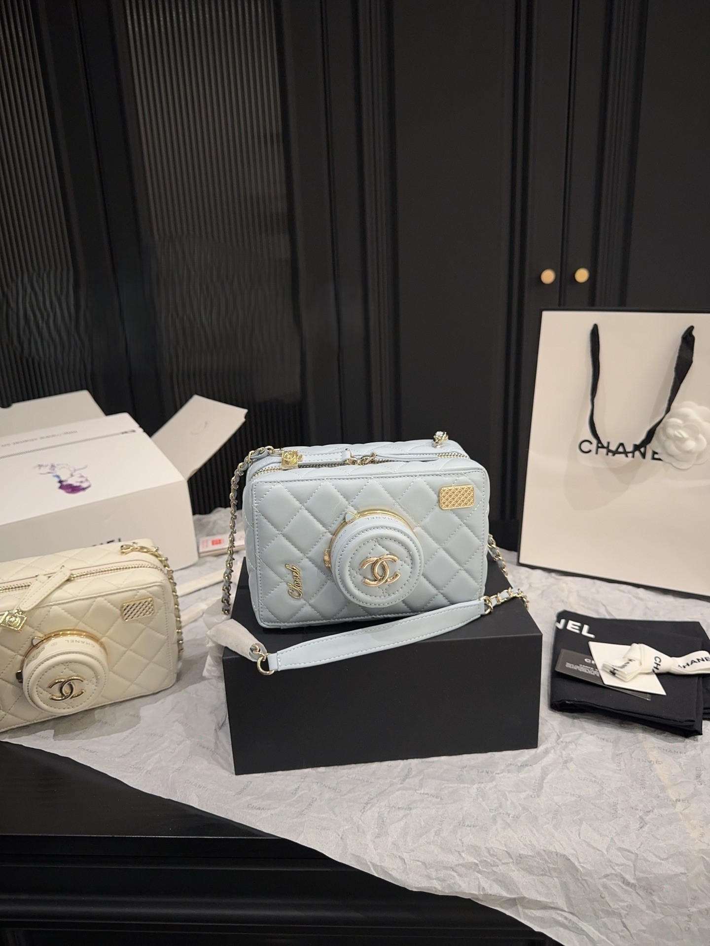 Chanel 24S Quilted Shiny Leather 3D Flip Mirror Lens Chain Strap Camera Box Shoulder Bag - KAIROO