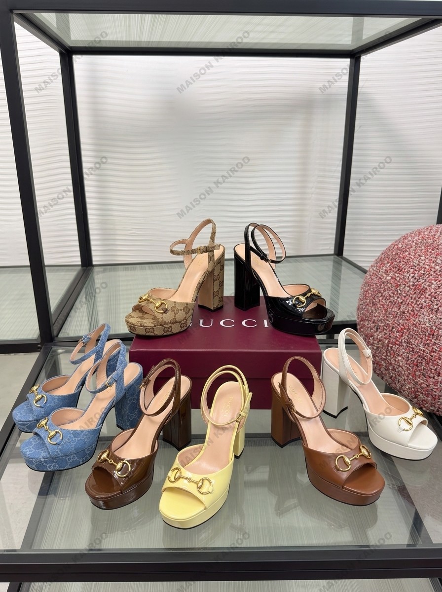 Gucci Horsebit Gucci GG Supreme Canvas& Patent &Smooth Leather Ankle Strap Platform Block Heel Sandals - KAIROO