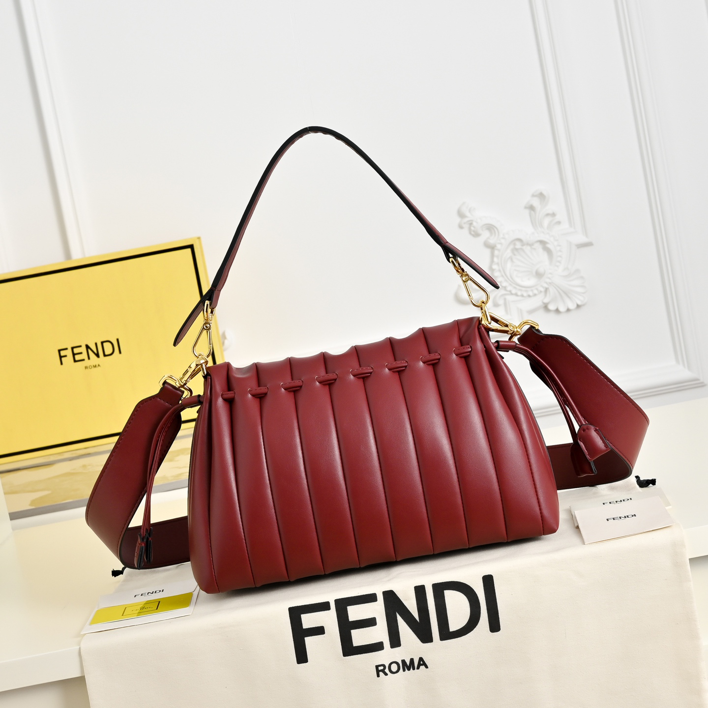Fendi Red Pleated Leather Baguette Handbag - KAIROO