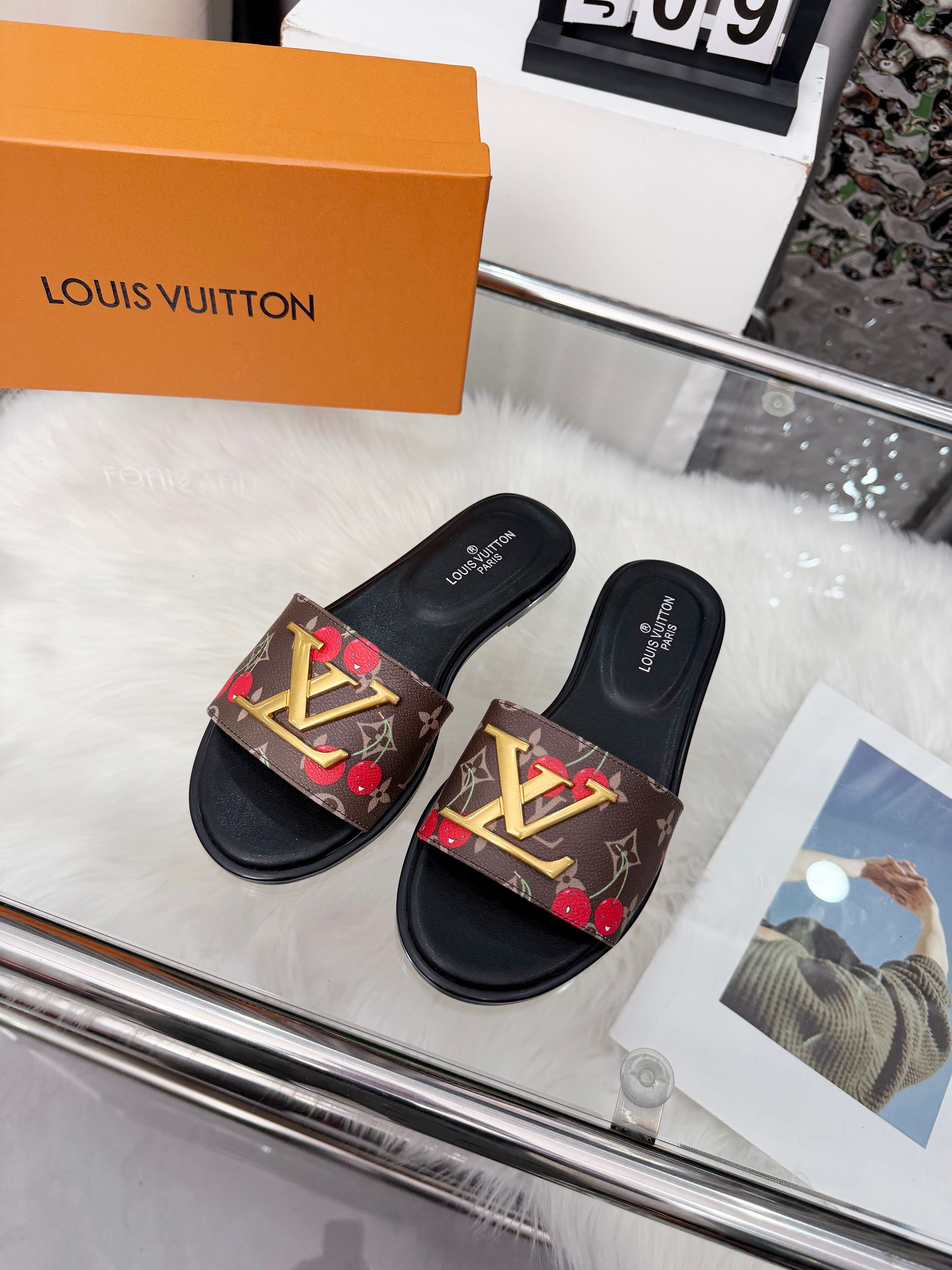 Louis Vuitton × Takashi Murakami Cherry Monogram Coated Canvas & Denim Gold Logo Flat Slides Sandals - KAIROO