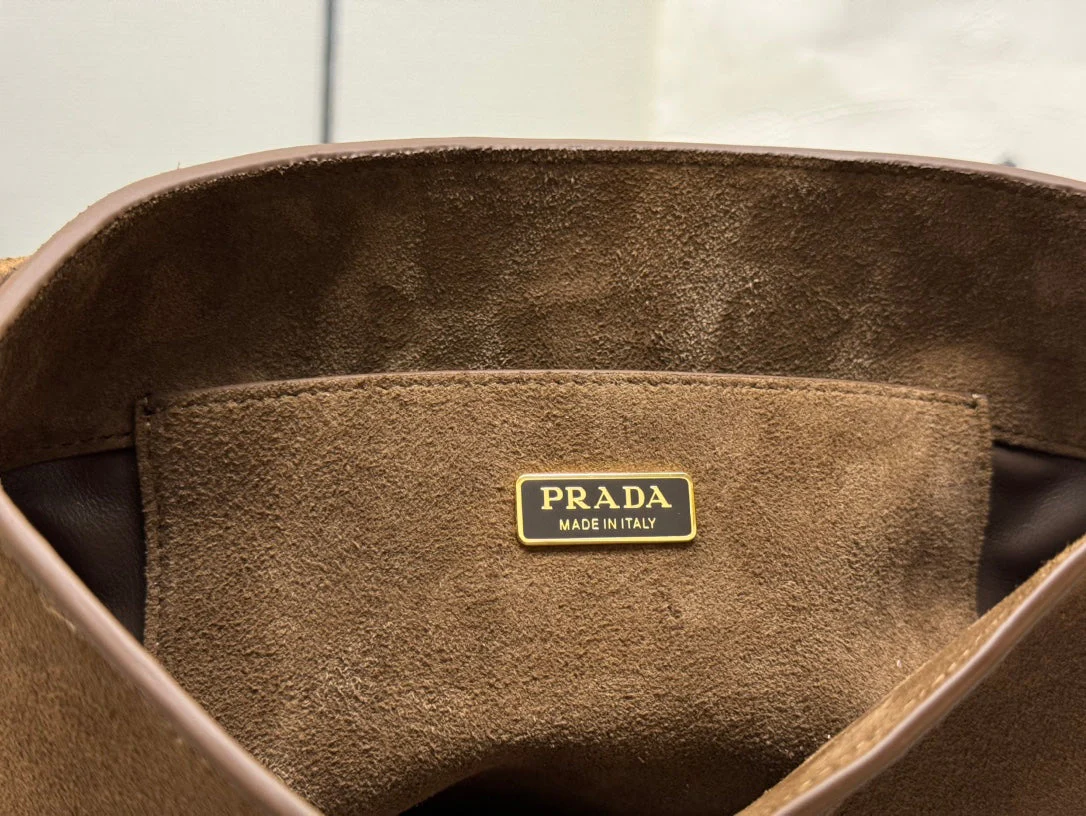 Prada BUCKET BAG 22 IN RUSSET BROWN SOFT SUEDE