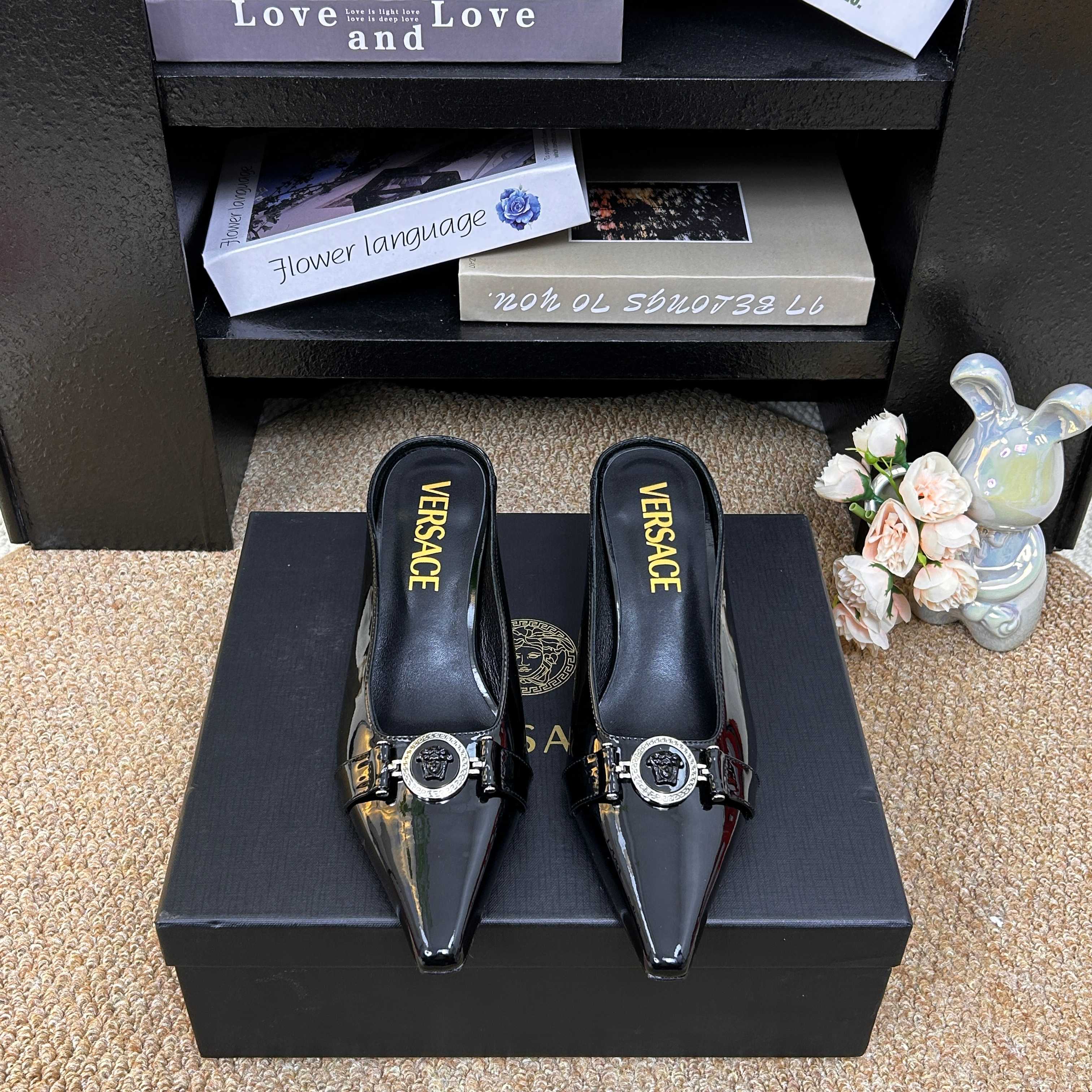 Versace Shiny Leather Heeled Slides