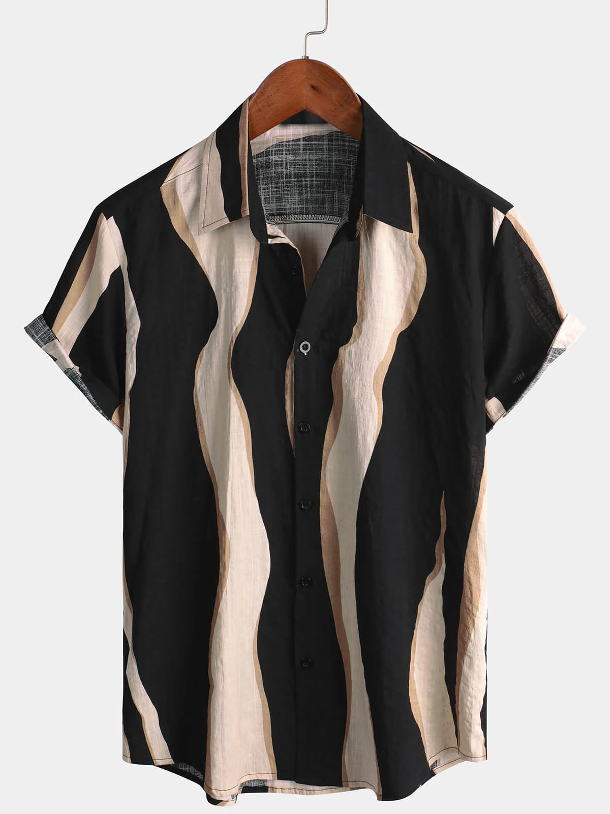 Men's Black Striped Casual Button-Up Short Sleeve Shirt