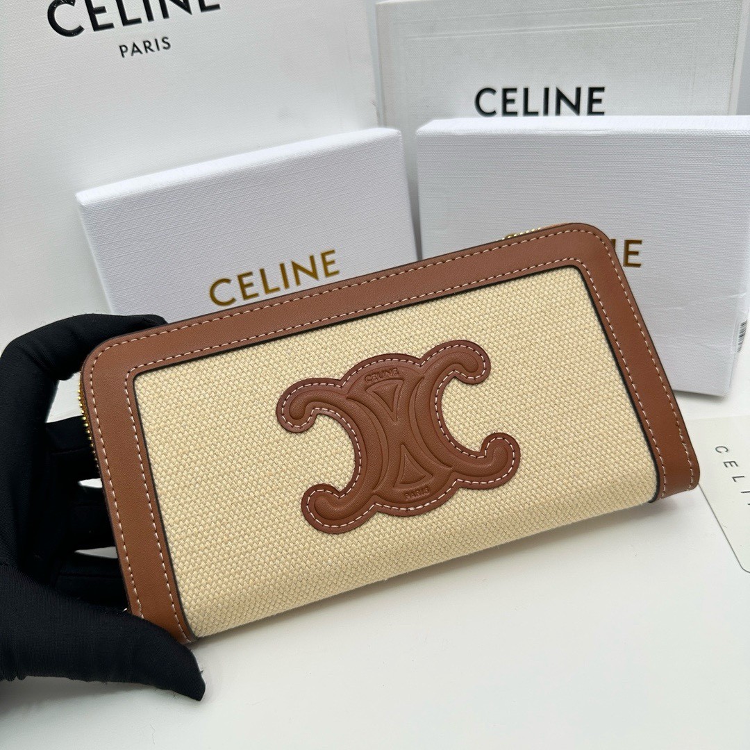 Celine Beige Canvas Tan Leather Trim Central Leather Triomphe Patch Logo Zip-around Wallet - KAIROO