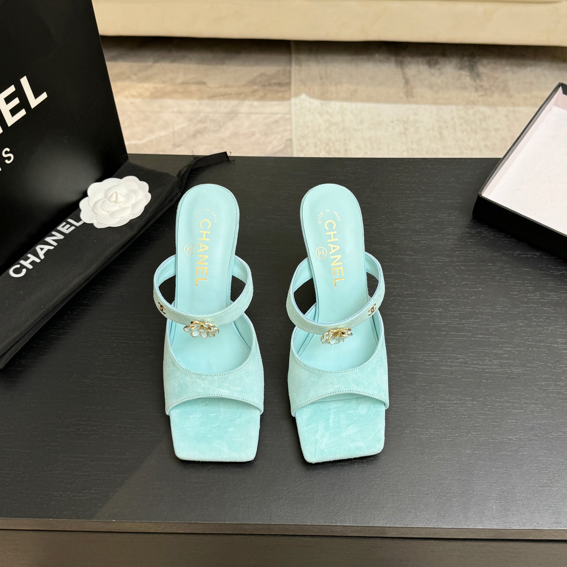 Chanel 26K Mint Green Camellia Buckle Suede Leather Square Toe Sandals Mules Heels - KAIROO