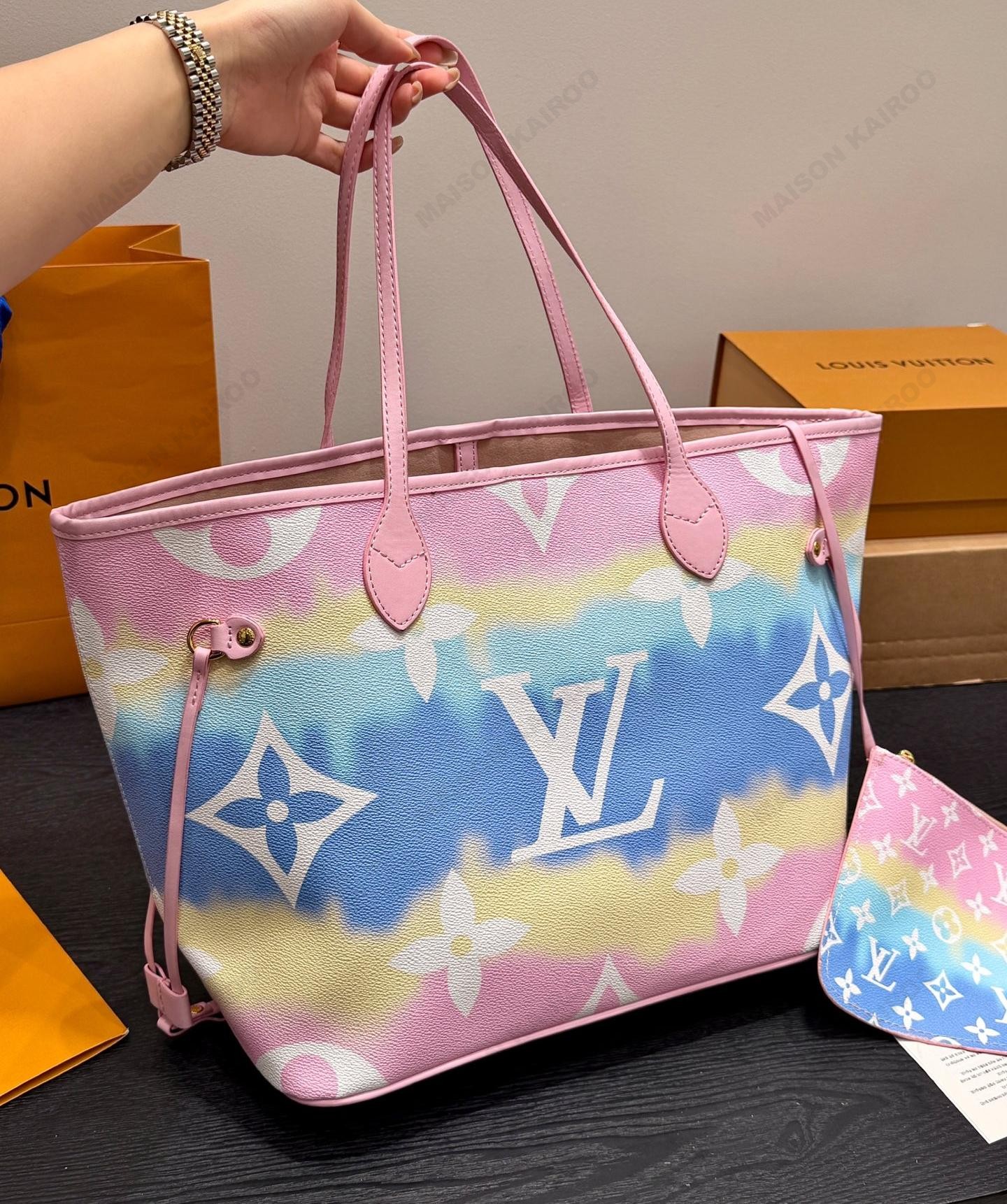 Louis Vuitton LV Neverfull MM Tie Dye Giant Monogram Escale Pastel Tote Bag With Pouch - KAIROO