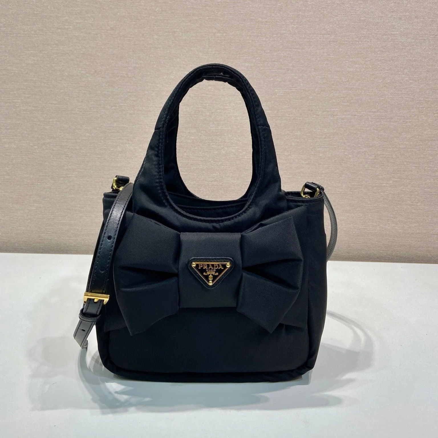 Prada MINI BOW TOTE BAG 18 IN BLACK PADDED NYLON FABRIC