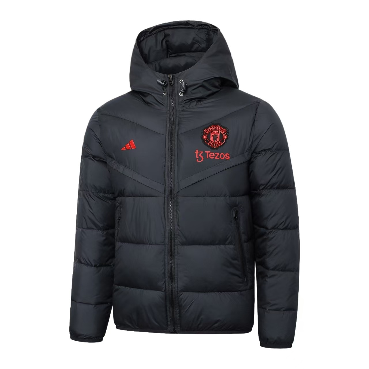 Manchester United 2024/25 Winter Puffer Jacket – Black & Red Tezos Logo | Fan Version Down Coat