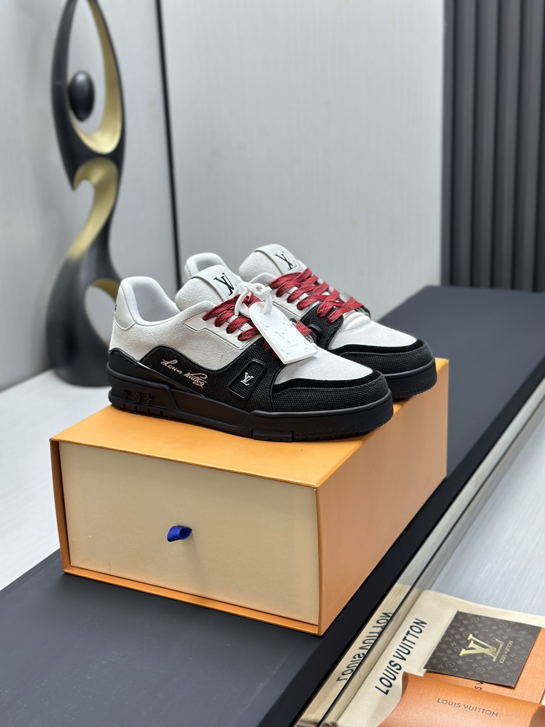 Louis Vuitton LV Trainer Grey Suede Black Leather Mix Red Laces Low Top Sneaker - KAIROO