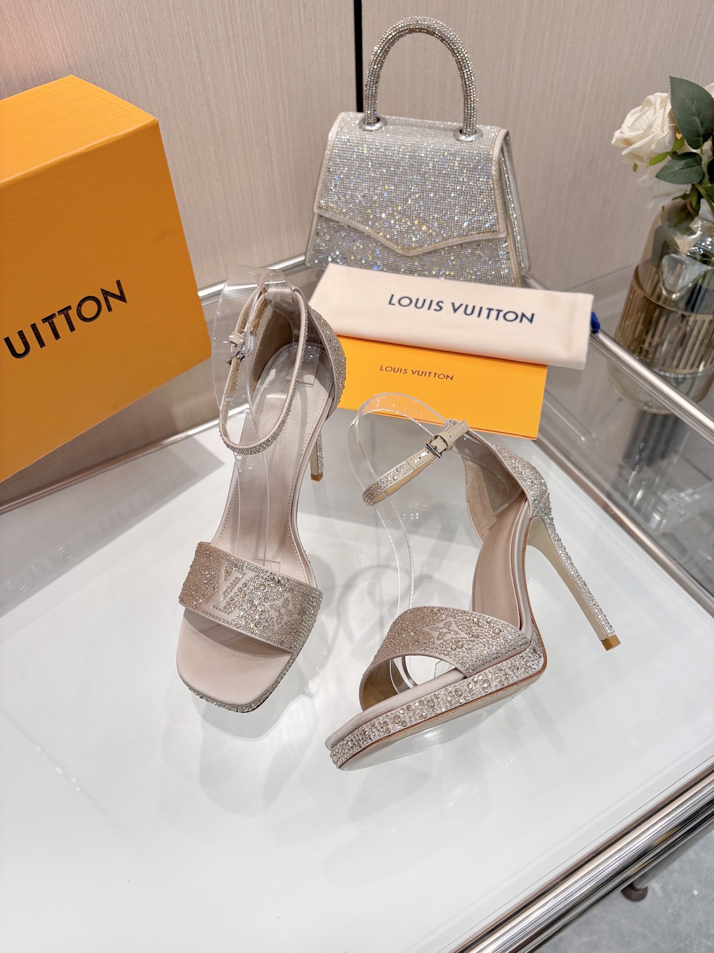 Louis Vuitton Monogram Nude Satin Fully Crystal Monogram Lambskin Insole Platform Ankle Strap Sandals Heels - KAIROO