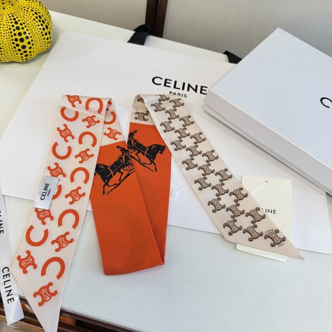 Celine Orange Sulky Carriage Monogram Print Silk Twill Skinny Scarf - KAIROO