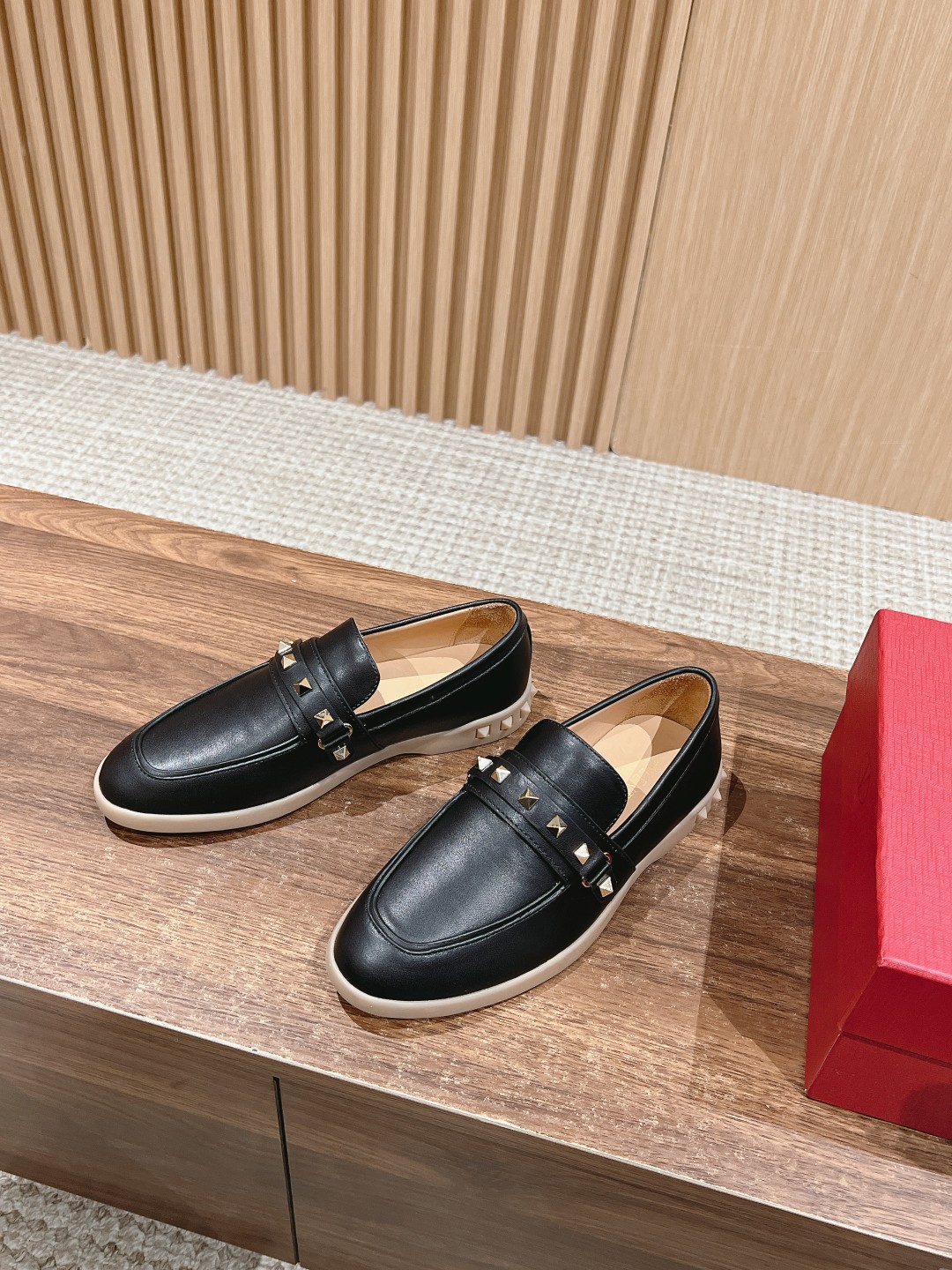Valentino Garavani Black Smooth Leather Gold Rockstud Untitled Strap Rubber Sole Loafers - KAIROO