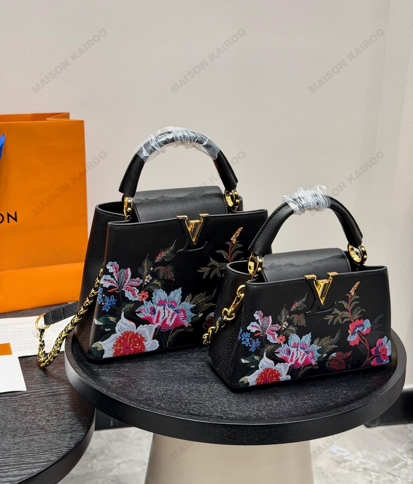 Louis Vuitton LV Capucines BB/East West Mini Black Tapestry Flower Bouquets Leather Top Handle Bag - KAIROO
