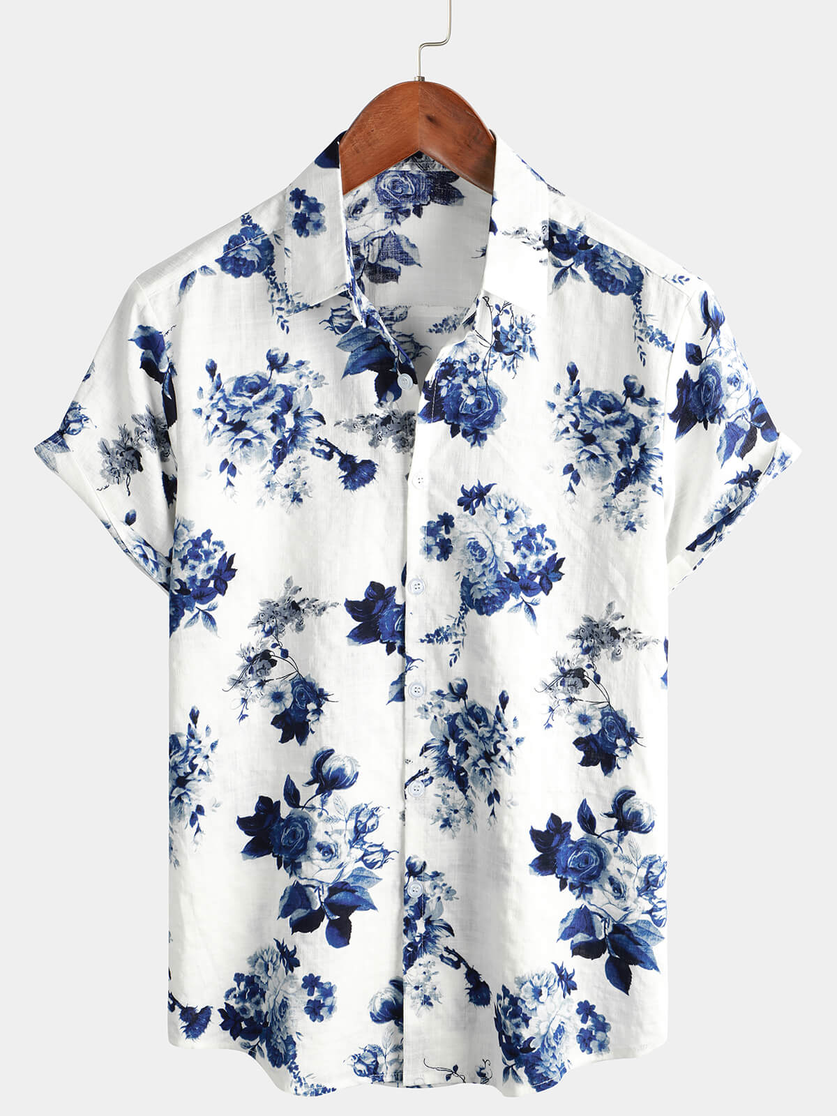 Men's Blue Floral Print Cotton Hawaiian Button-Up Short Sleeve Shirt