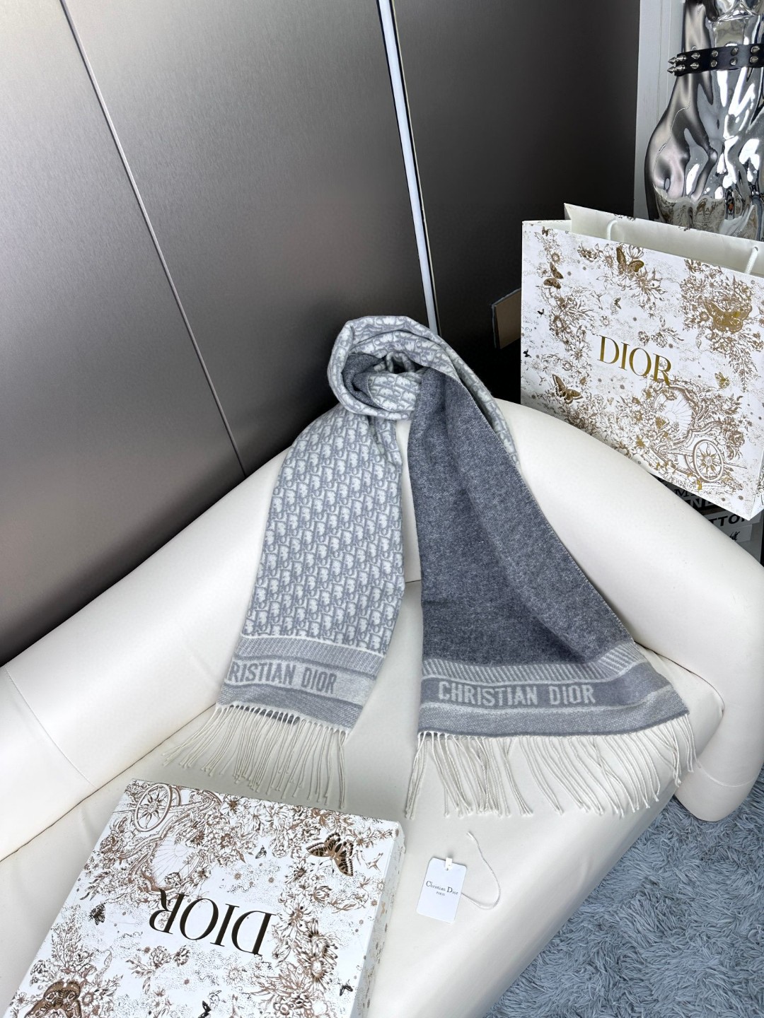 Dior Classic Oblique Grey Cashmere Scarf