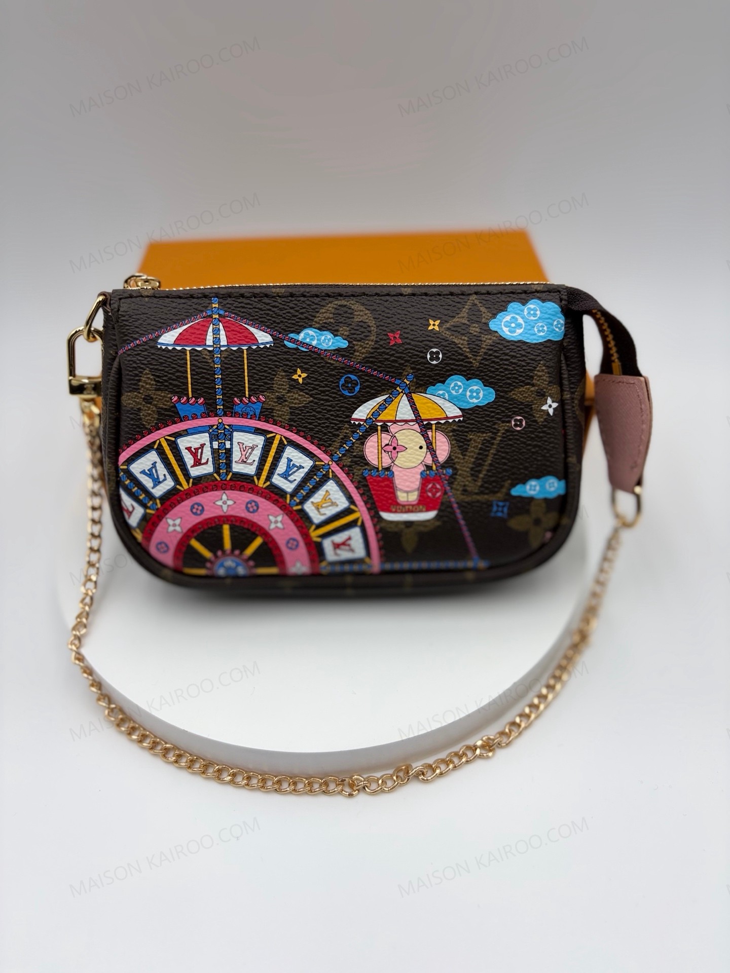 Louis Vuitton LV Mini Pochette Vivienne Christmas Ferris Wheel Brown/Damier Ebene Monogram Chain Pouch Bag - KAIROO