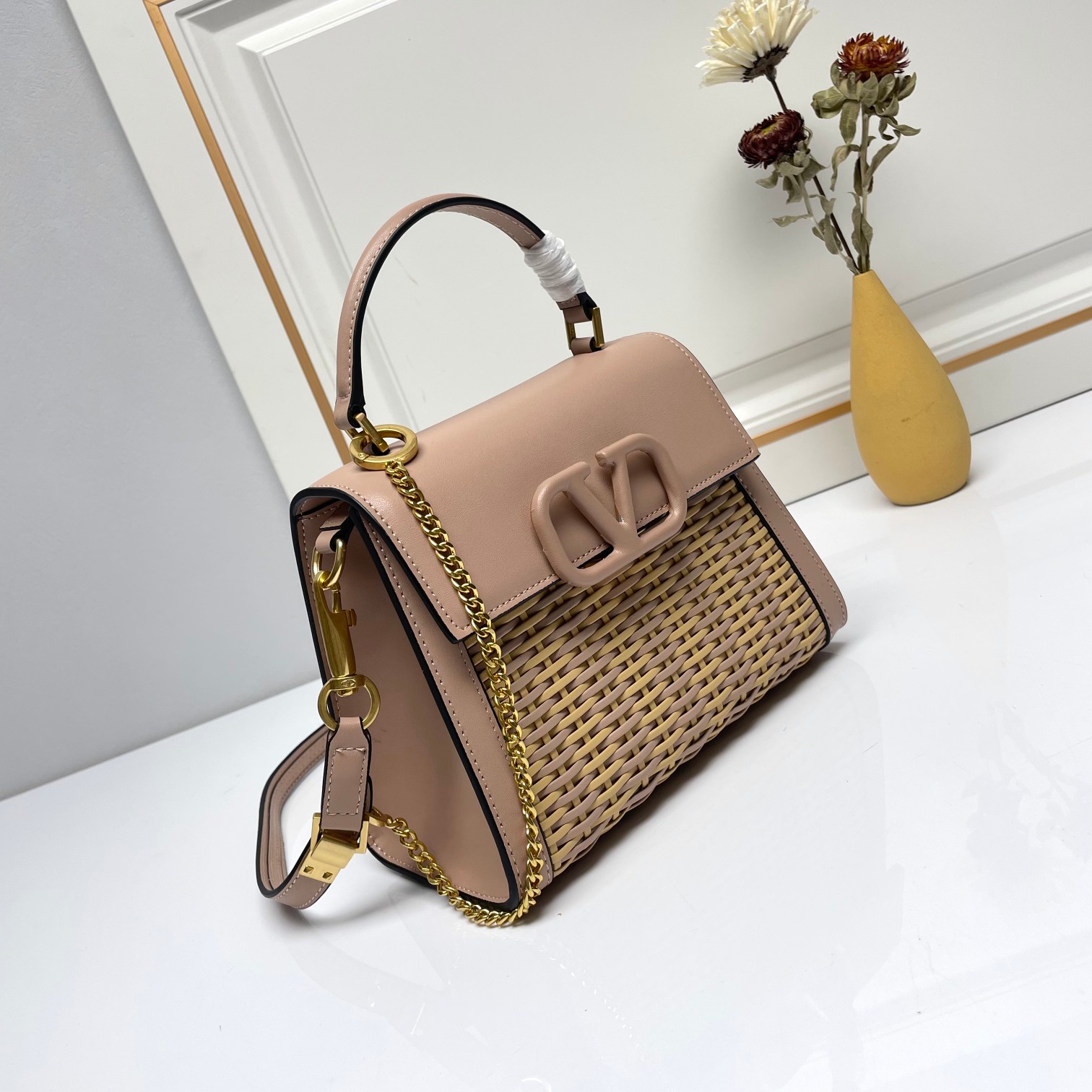 Valentino Tonal VLogo Signature Pink Woven Leather Gold Chain Handle Shoulder Crossbody Bag - KAIROO