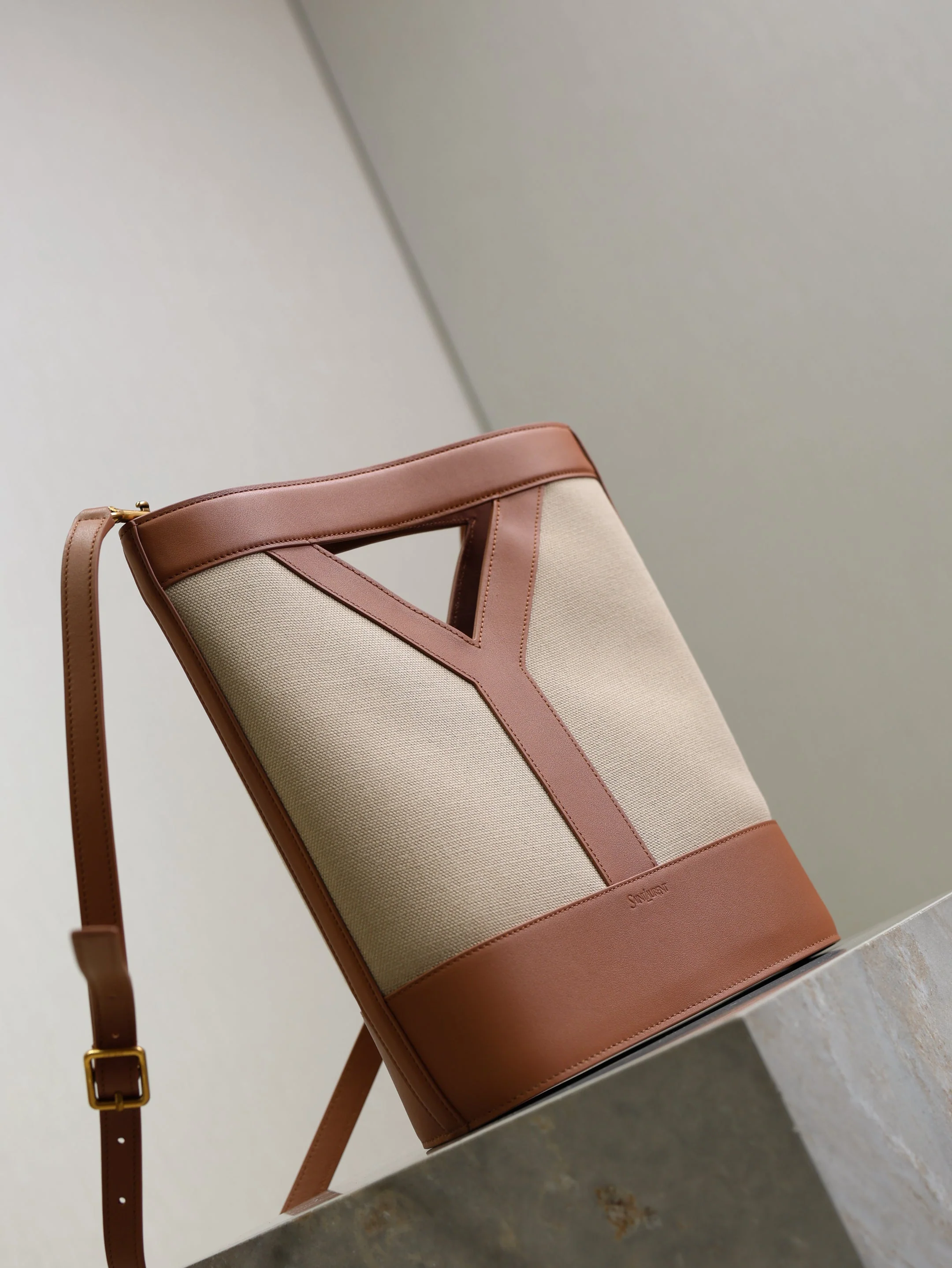 Saint Laurent YSL Small Bucket 23cm Caramel Beige Canvas Leather