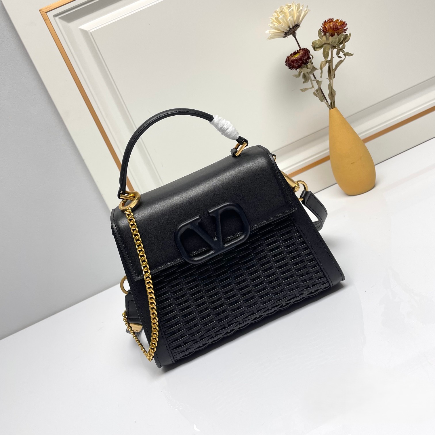 Valentino Tonal VLogo Signature Black Woven Leather Gold Chain Handle Shoulder Crossbody Bag - KAIROO