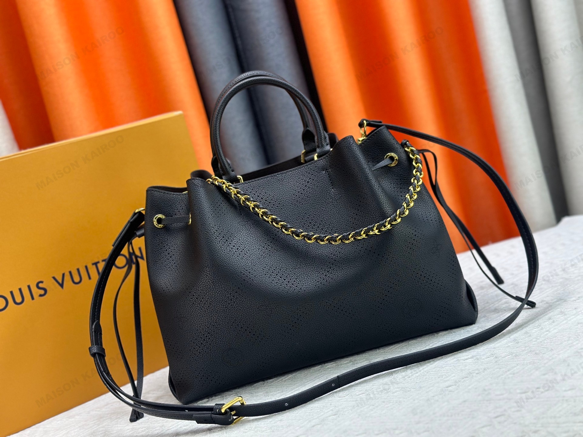 Louis Vuitton LV Mahina Bella Tote Black Circle Perforated Monogram Leather Drawstring Bucket Top Handle Bag - KAIROO