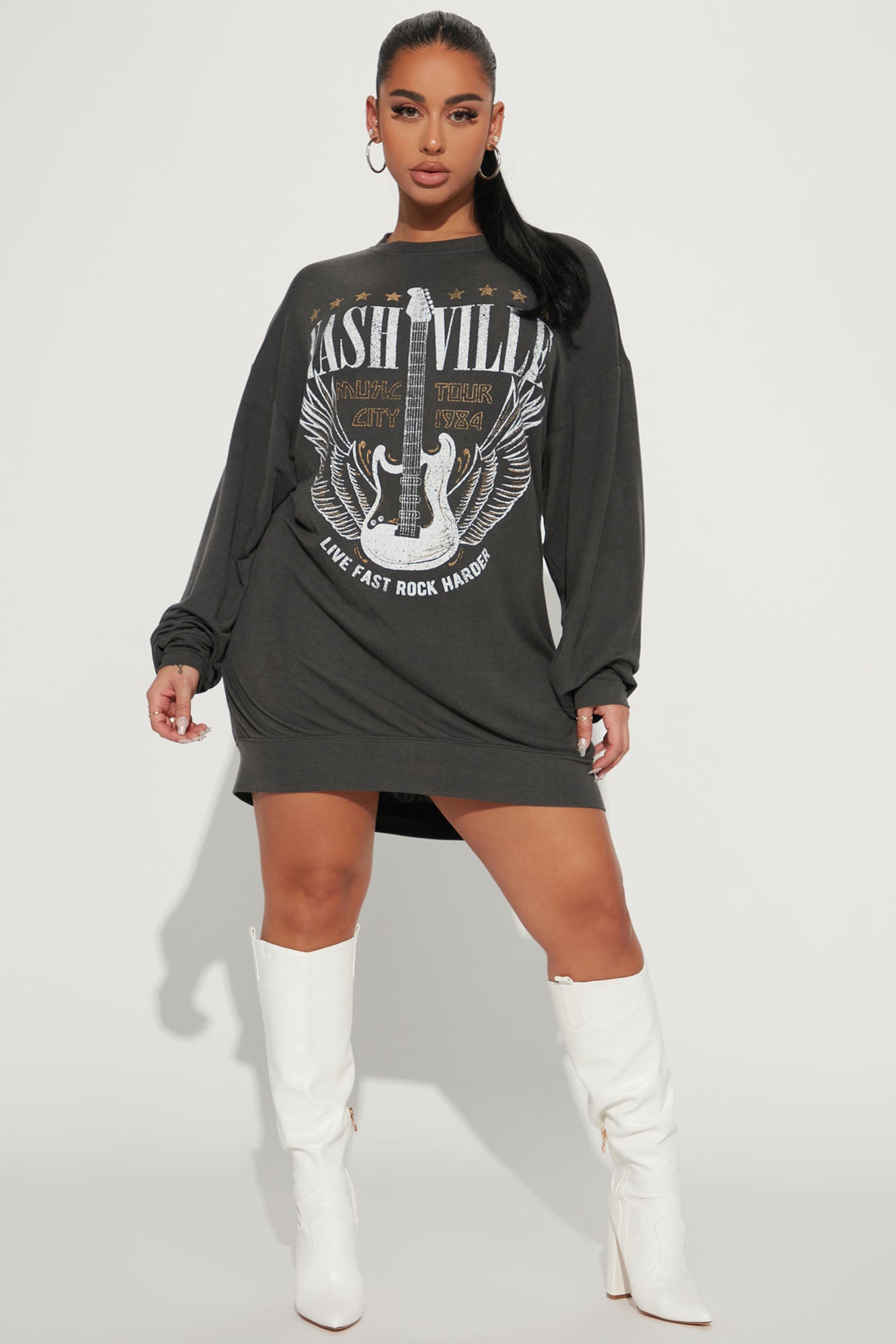 Nashville Long Sleeve T-Shirt Mini Dress - Black Wash