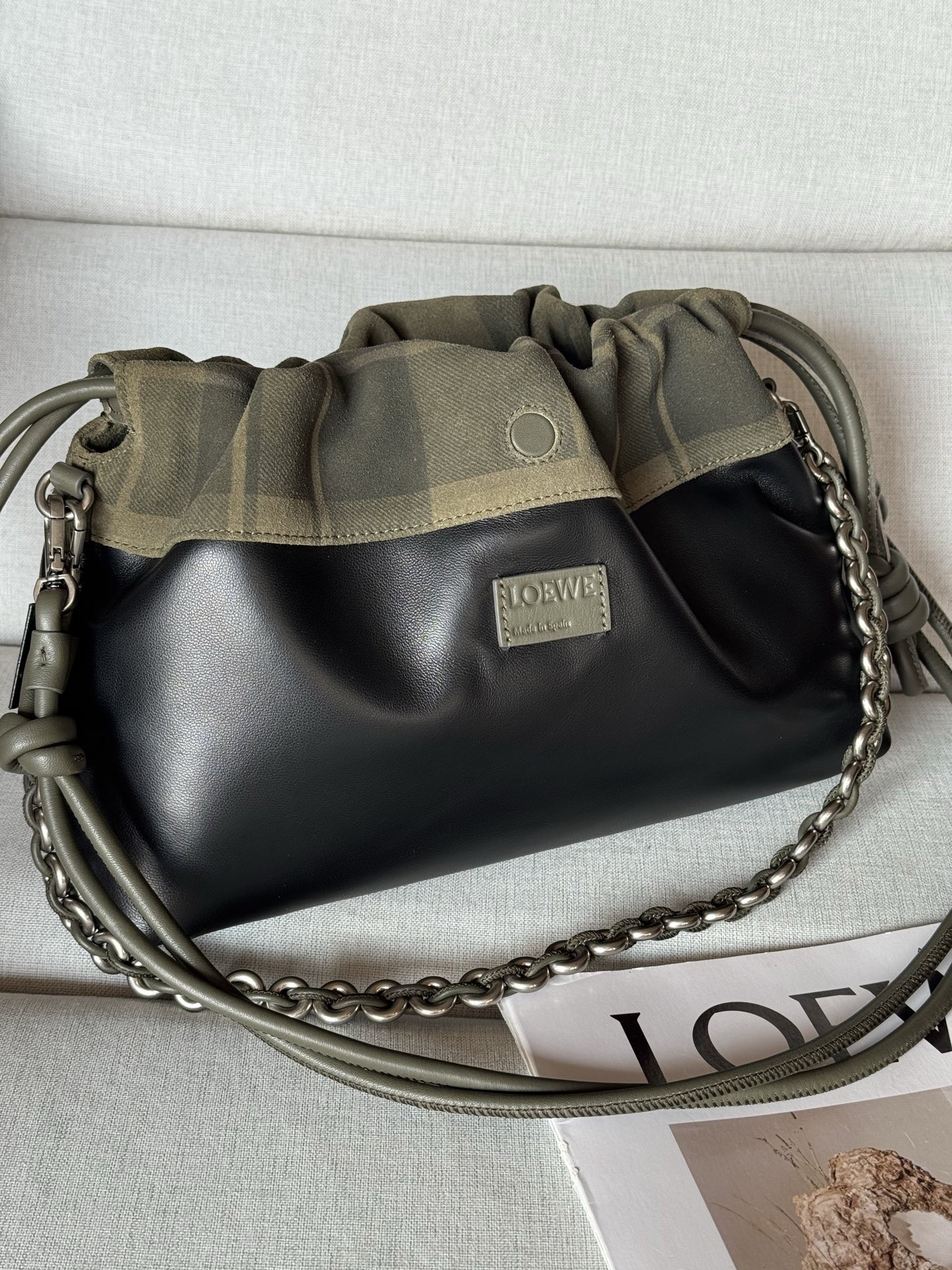 Loewe Green Plaid Mixed Black Nappa Leather Drawstring Reversible Shoulder Flamenco Purse Bag - KAIROO