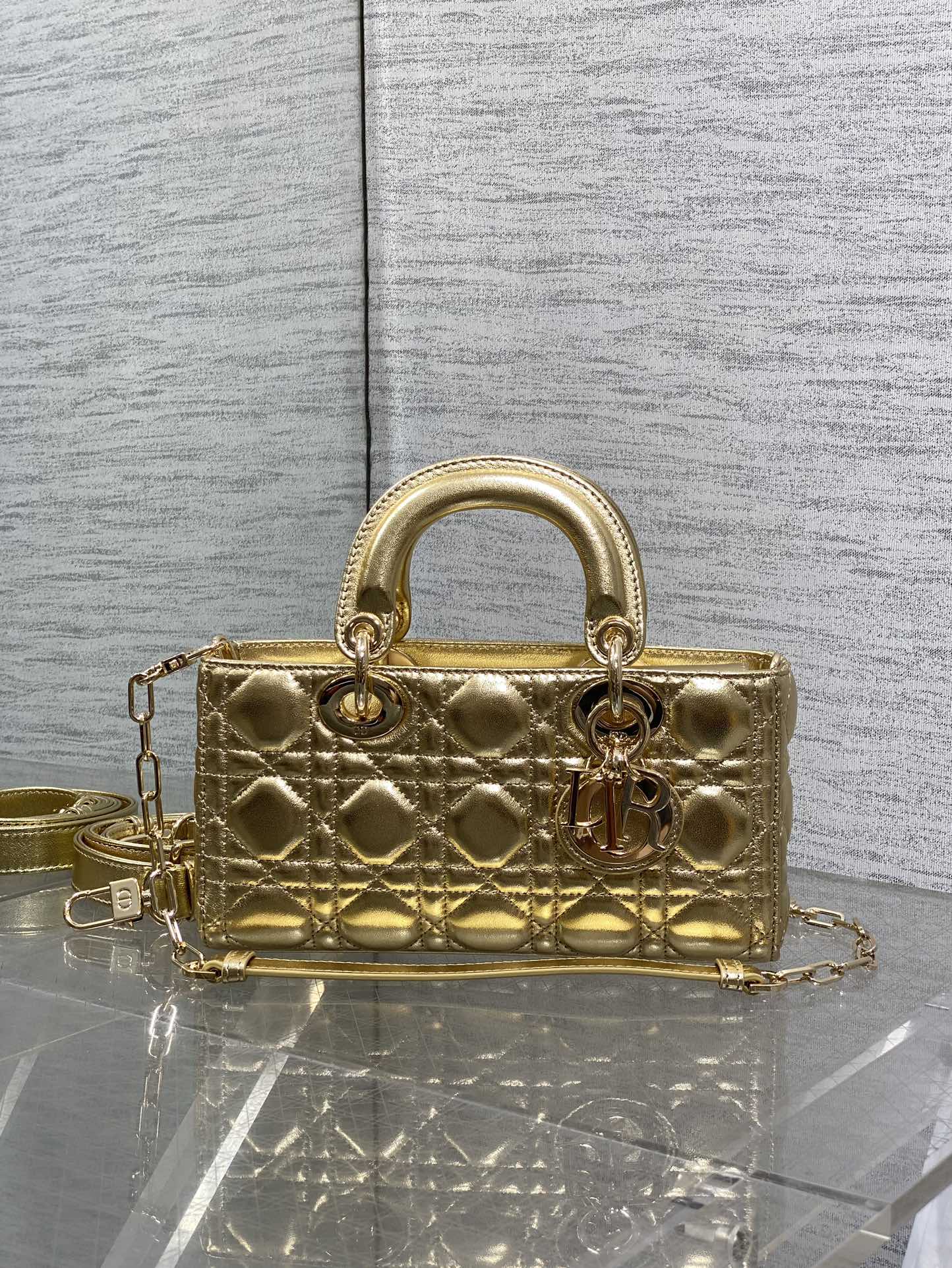 Small Lady D-Joy Bag in Silver Metallic Cannage Leather
