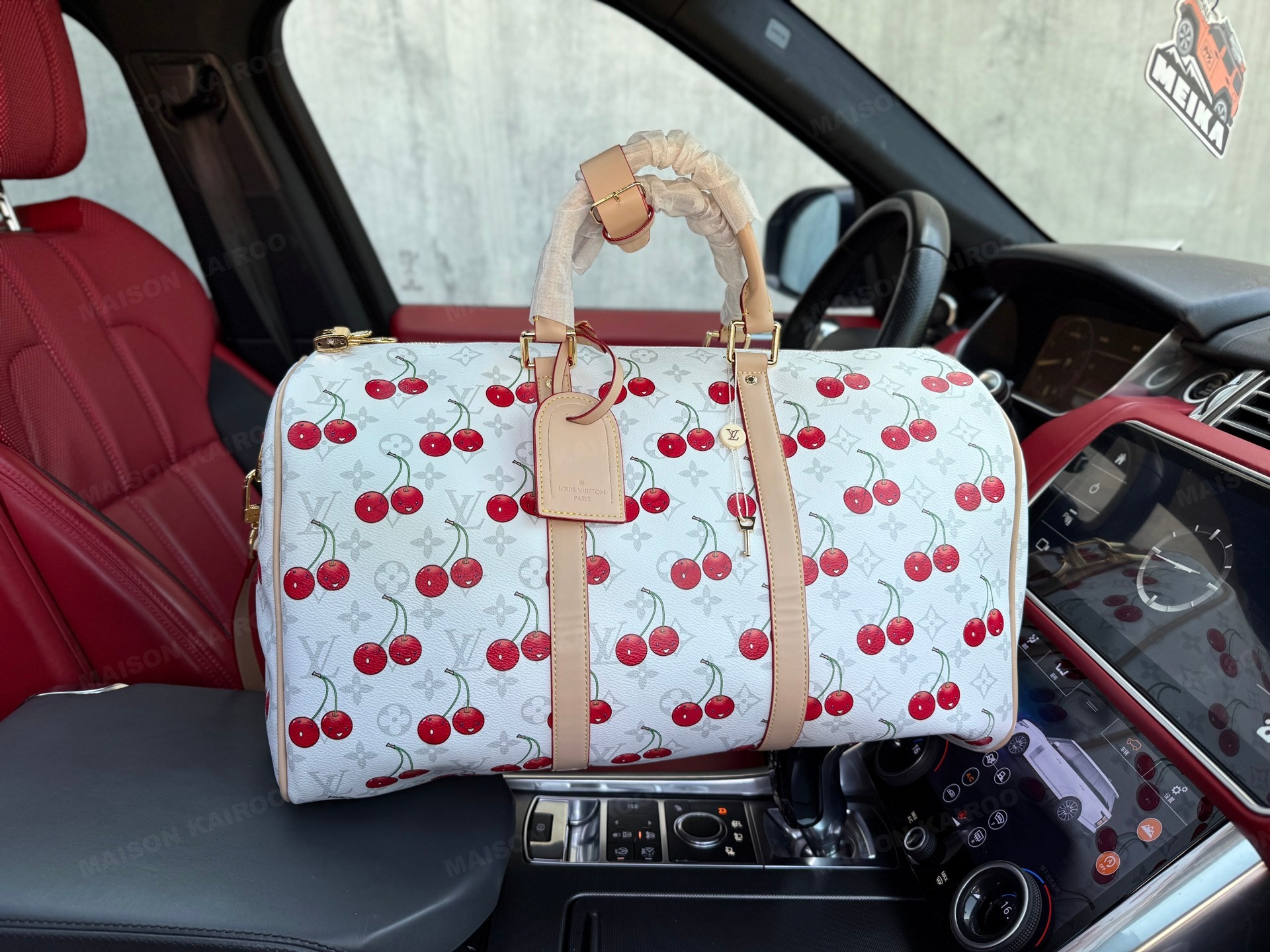 Louis Vuitton LV x TM Keepall Bandouliere 45 White Cerises Monogram Coated Canvas Travel Bag - KAIROO