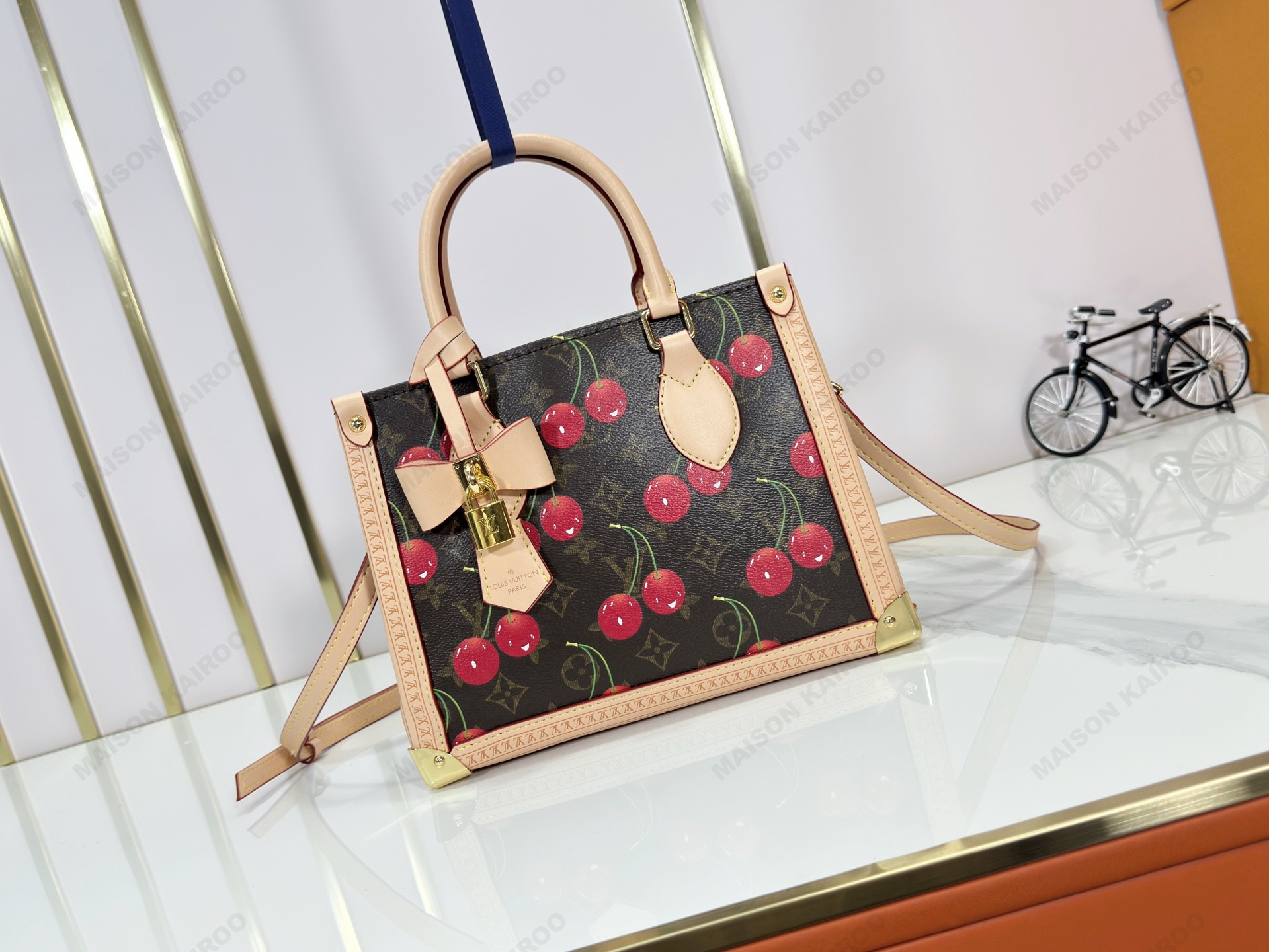 Louis Vuitton LV x TM OnTheGo PM Studded Trunk Corners Brown Cherry Monogram Top Handle Tote Bag - KAIROO