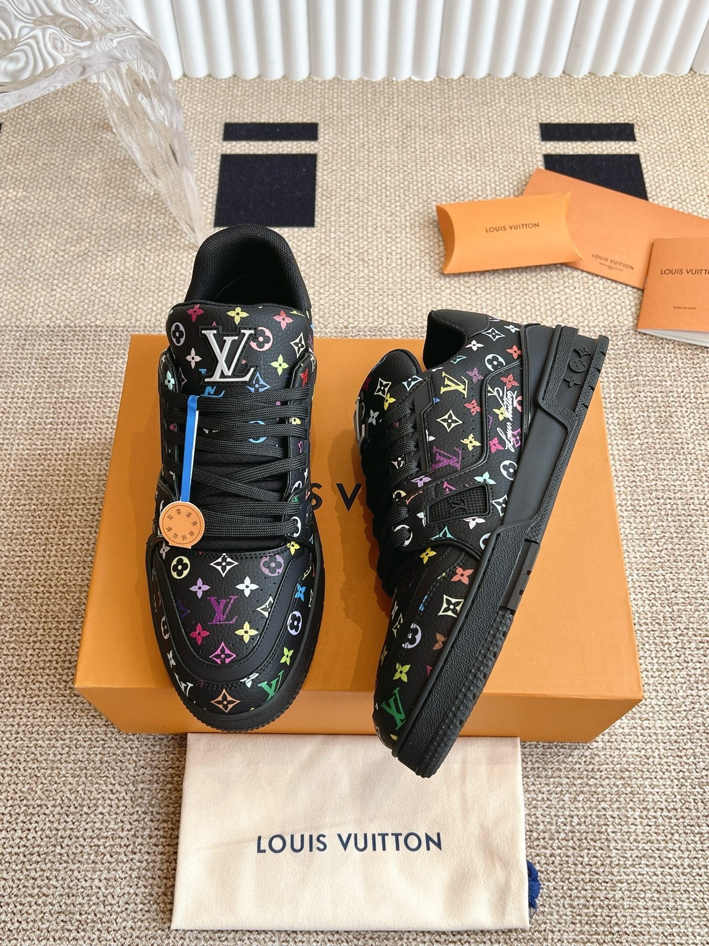 Louis Vuitton x Takashi Murakami Trainer Black Multicolor Monogram Leather Low Top Sneaker - KAIROO