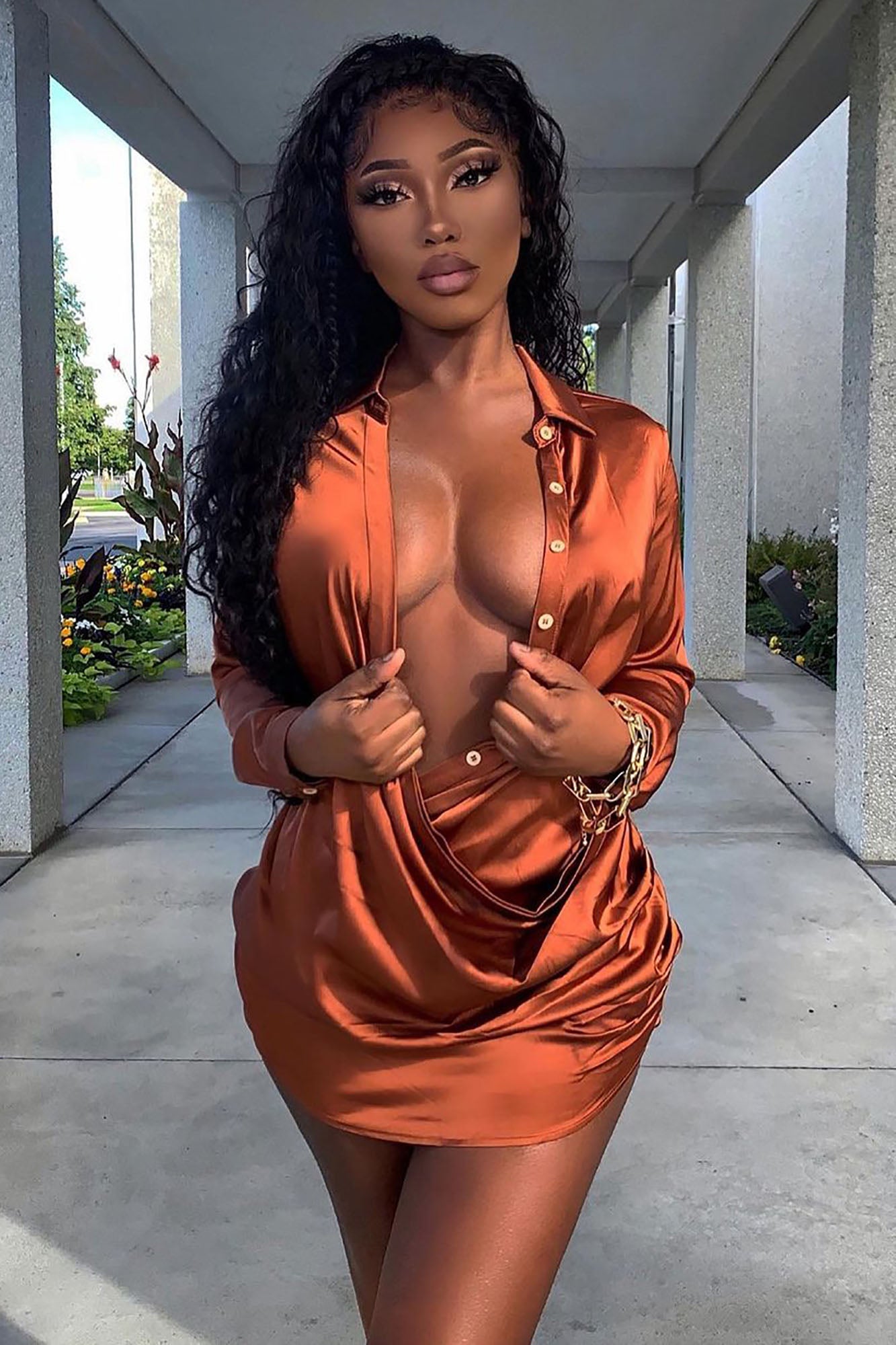 Time Of Your Life Satin Shirt Dress - Brown