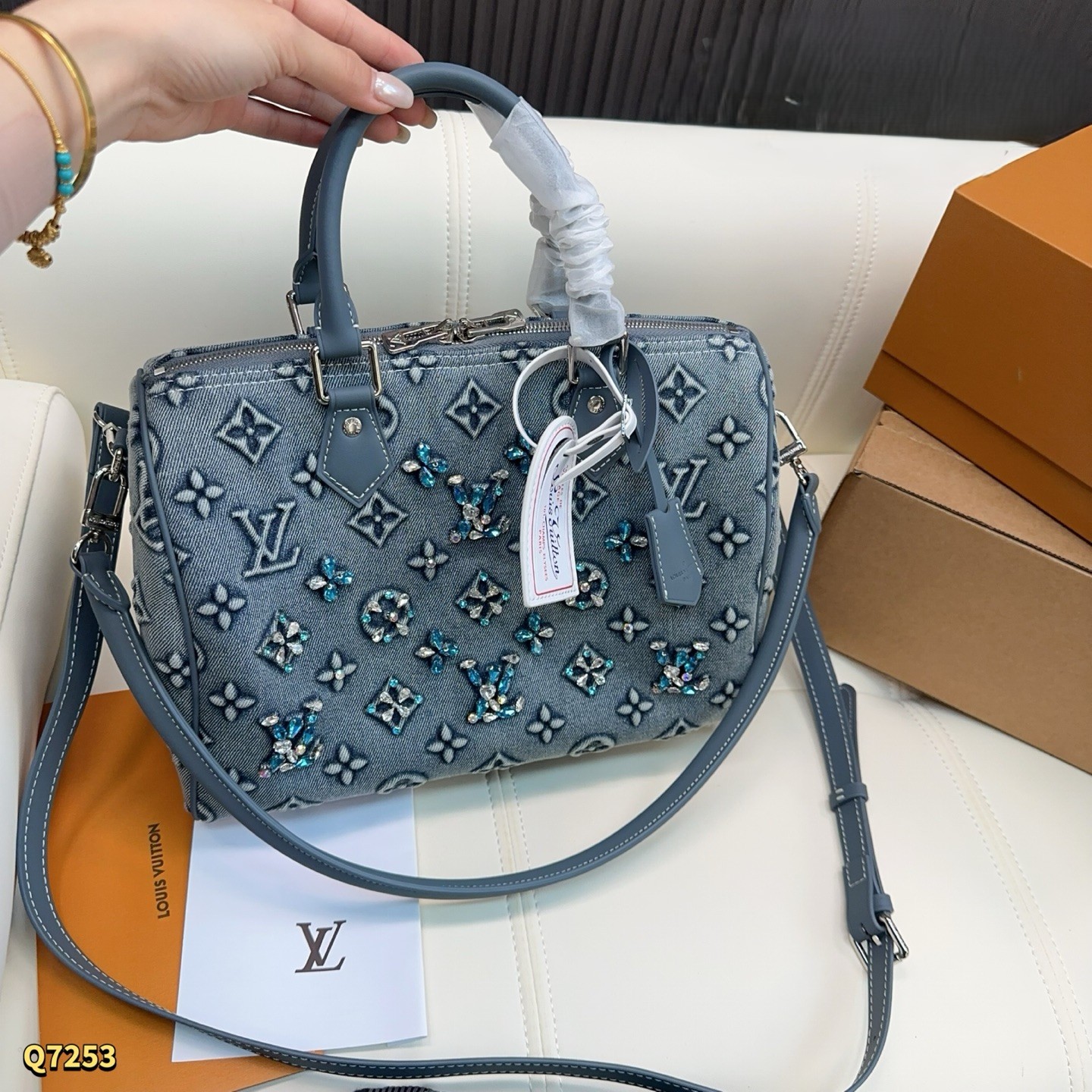 Louis Vuitton LV Speedy 20/30 Monogram Jacquard Grey Denim Crystal Inlaid Boston Top Handle Bag - KAIROO