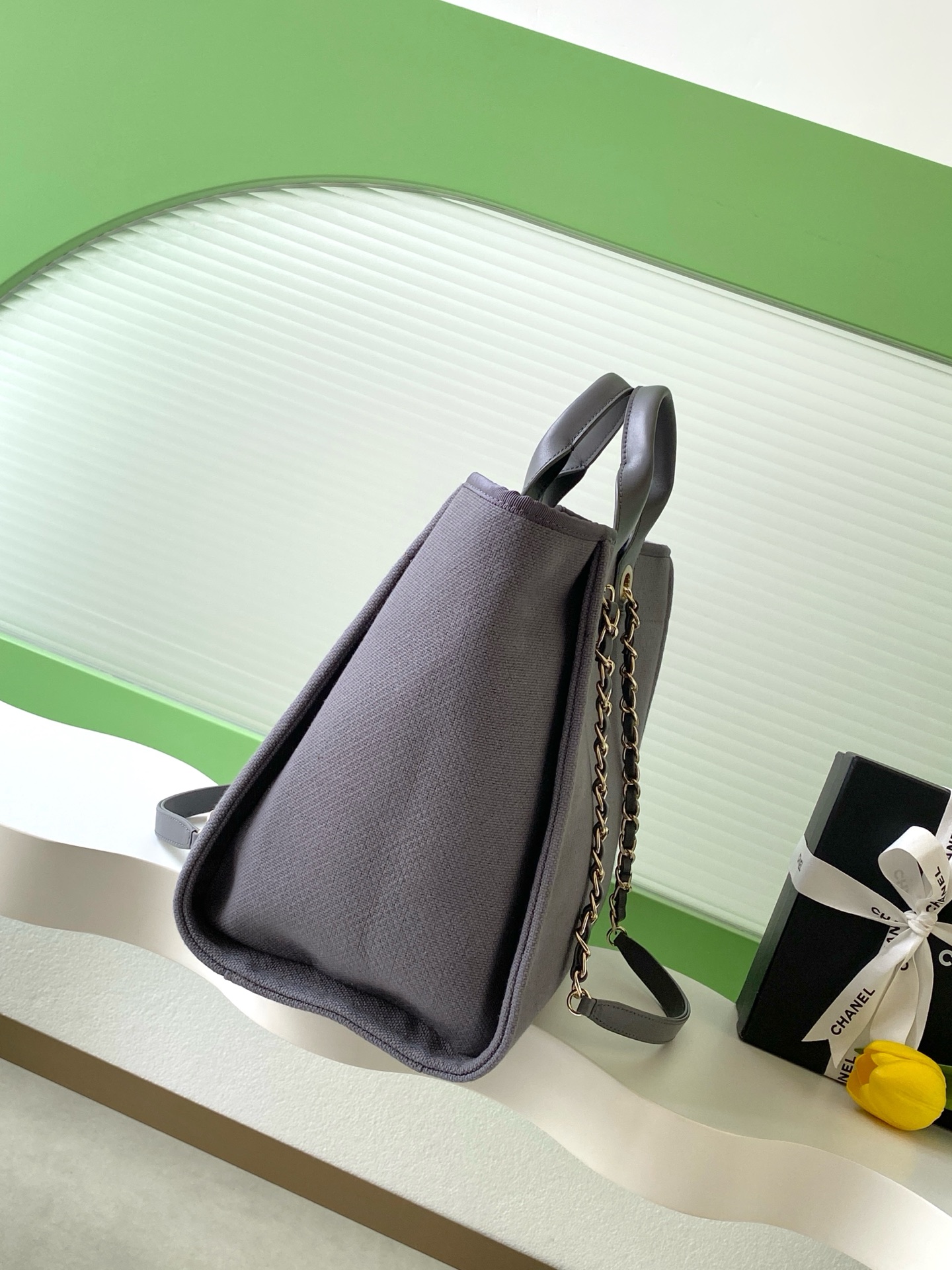 Chanel Large Tote Bag in Grey Canvas & Gold-Tone Metal