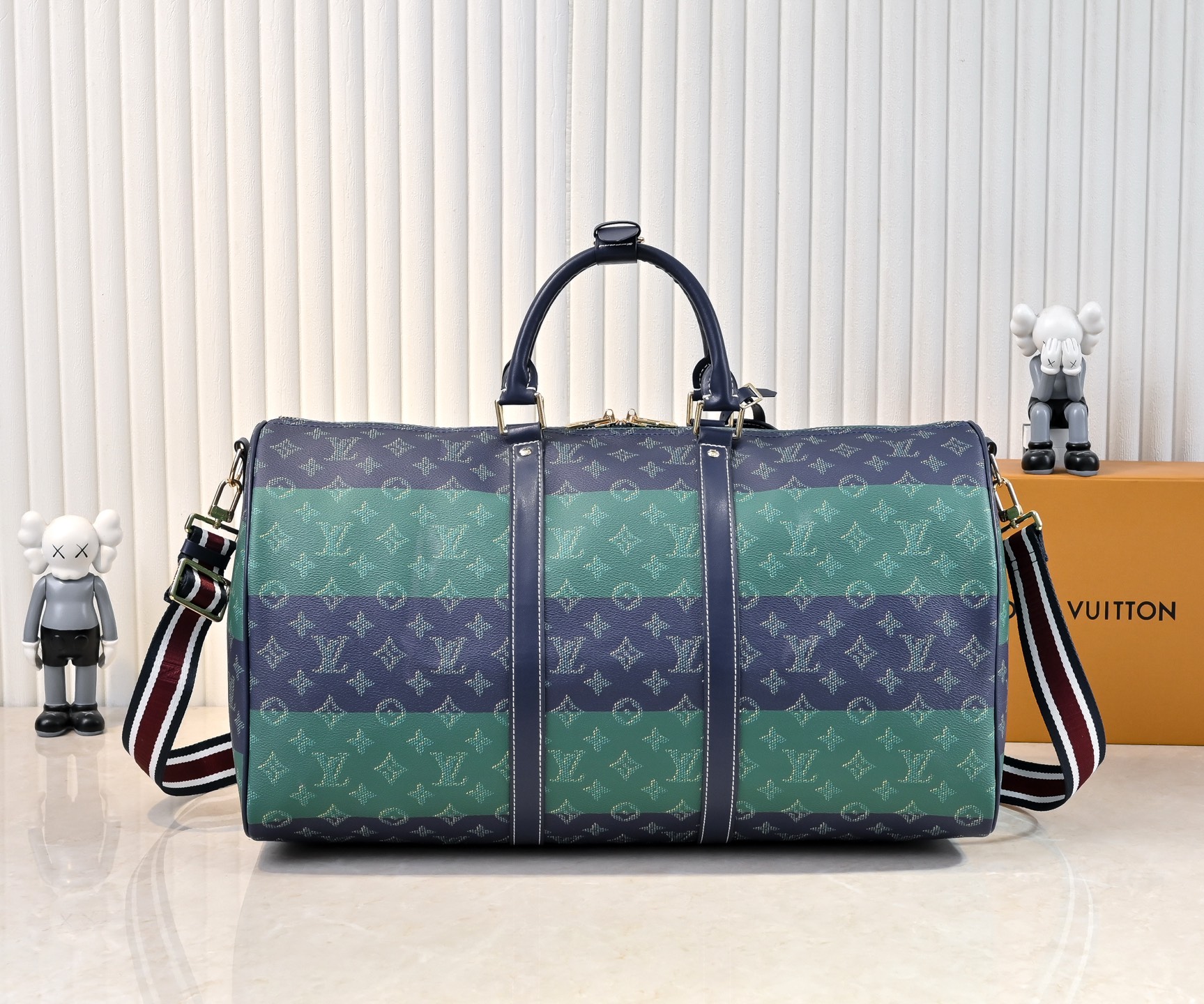 Louis Vuitton Keepall Bandoulière 45 Blue Green Gradient Stripe Monogram Dual Straps Duffle Travel Bag - KAIROO