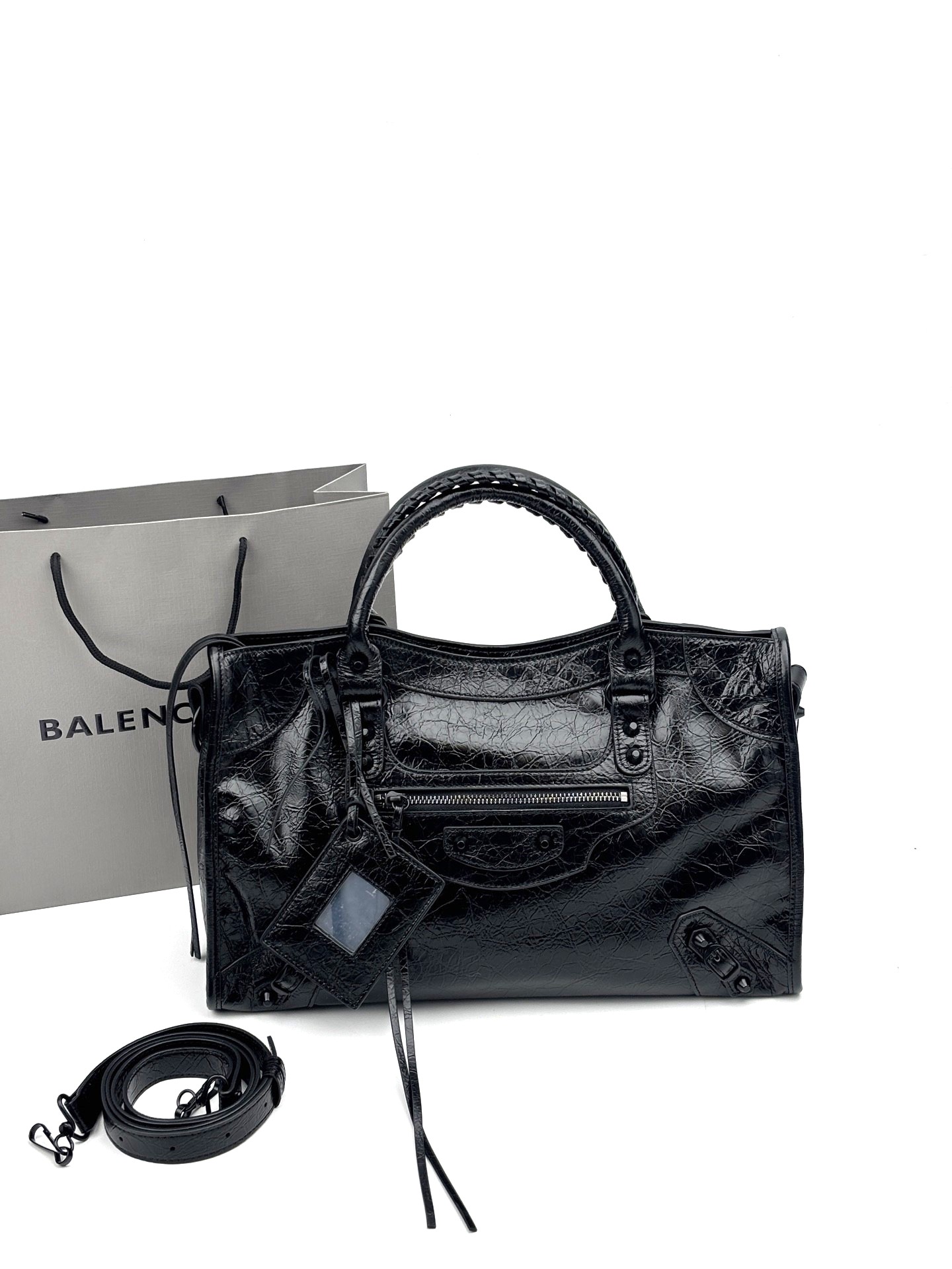 Balenciaga Le City Black Soft Crinkled Leather Studded Mirror Charm Braided Handle Crossbody Bag - KAIROO