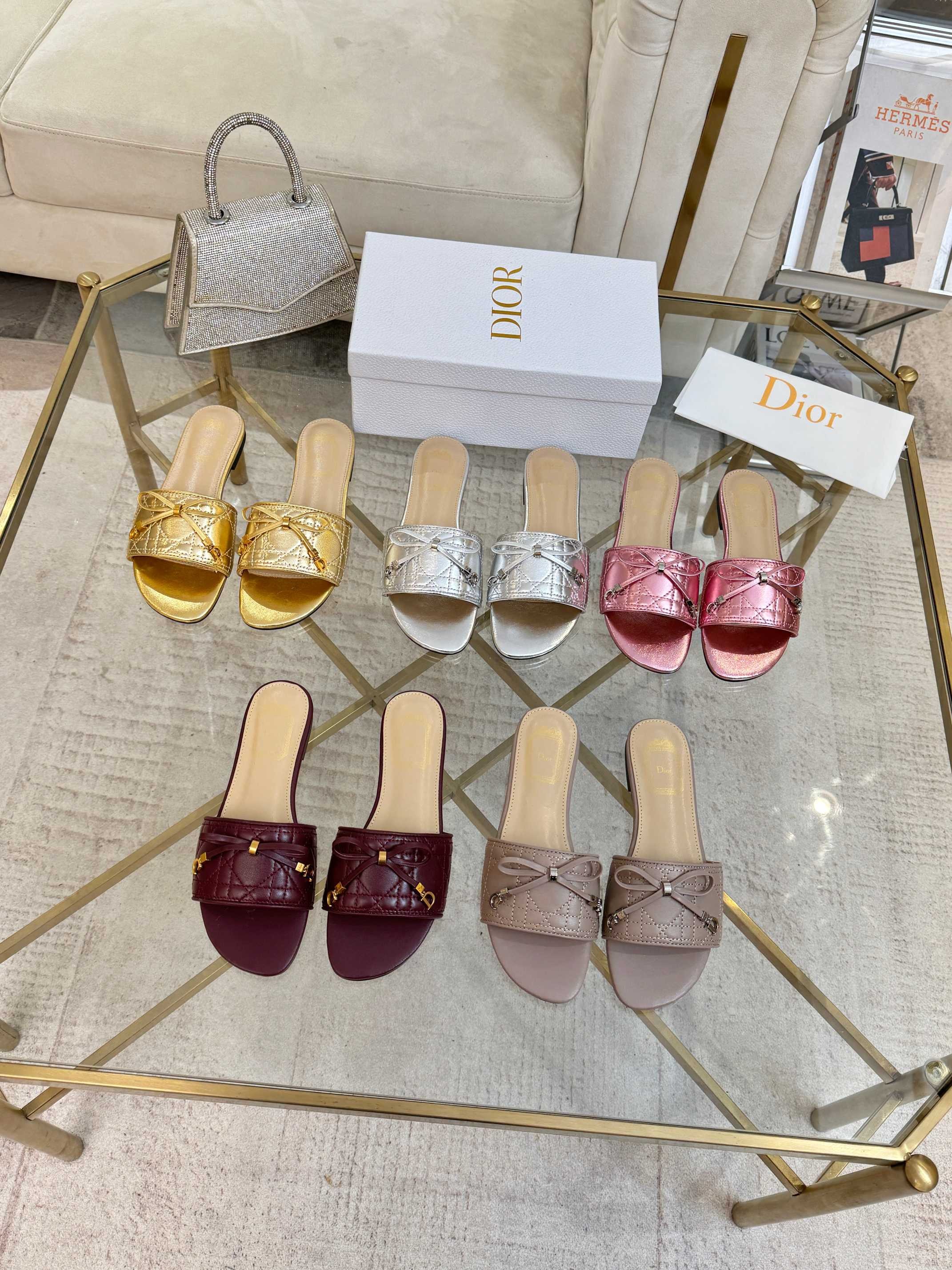 Dior Cannage Quilted Metallic & Matte Leather Bow D-Way Flat Mule Slides Sandals - KAIROO