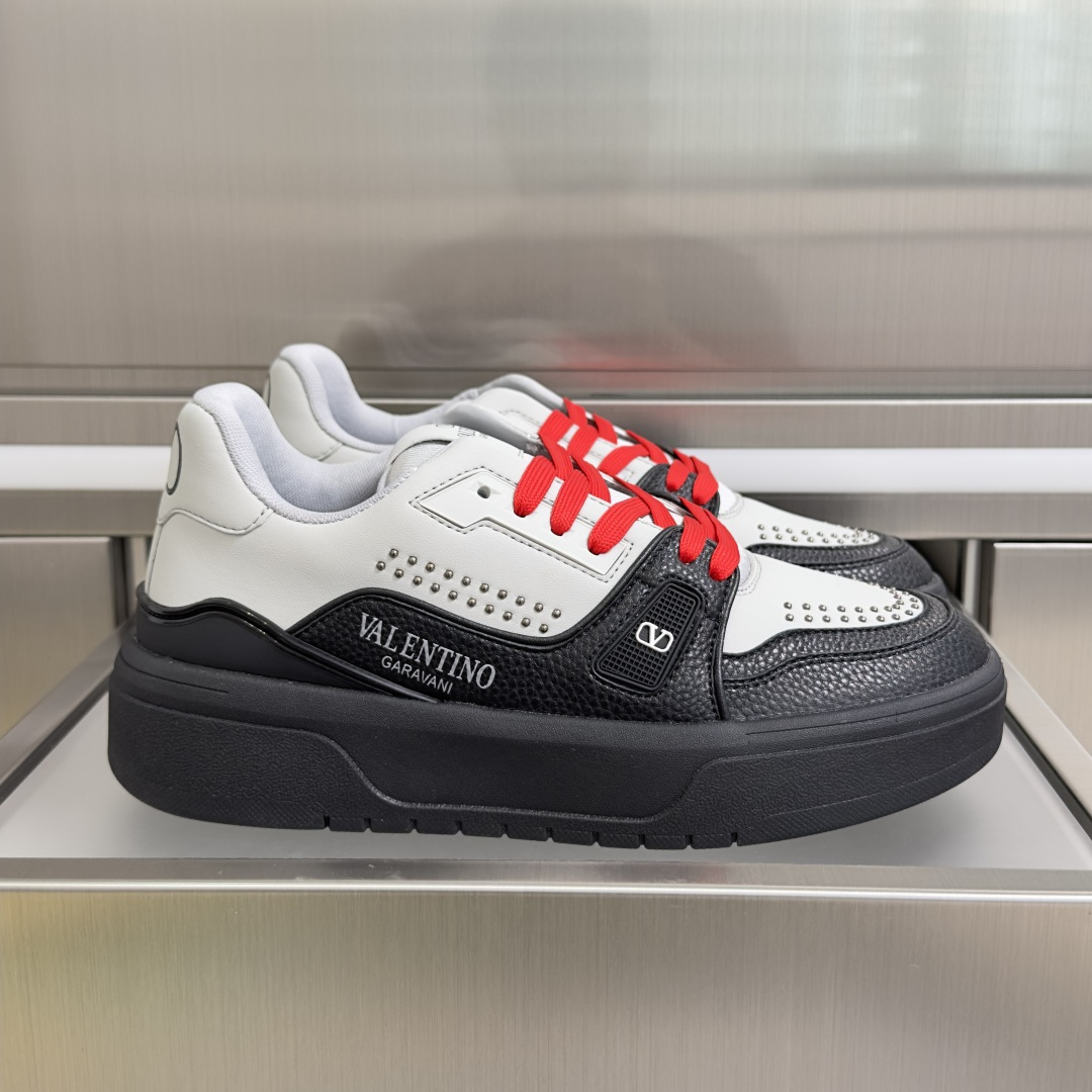 Valentino MS-29 White Black Leather Red Laces Micro Studded Chunky Low-top Platform Sneakers - KAIROO