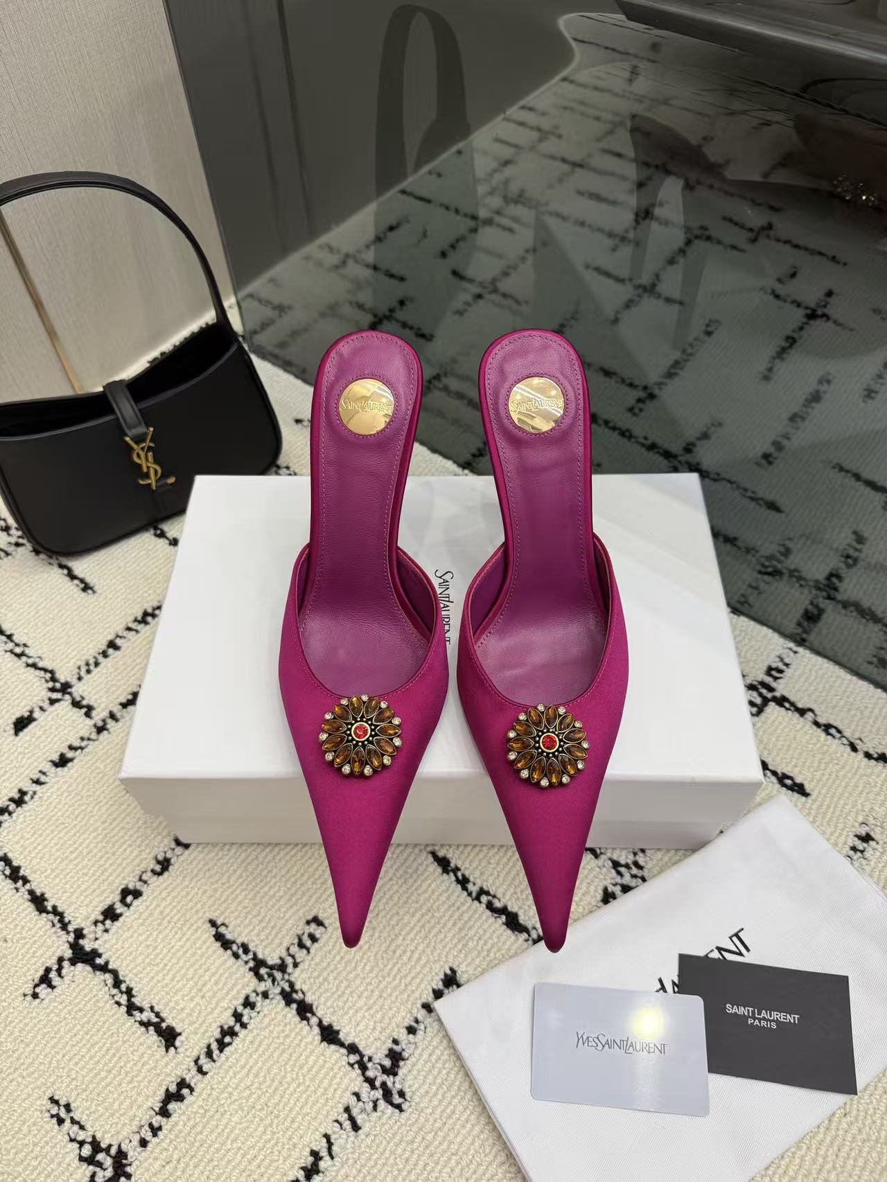 Saint Laurent YSL Fuchsia Magenta Pointed Toe Satin Crystal Brooch Stiletto Heel Mules Sandals - KAIROO