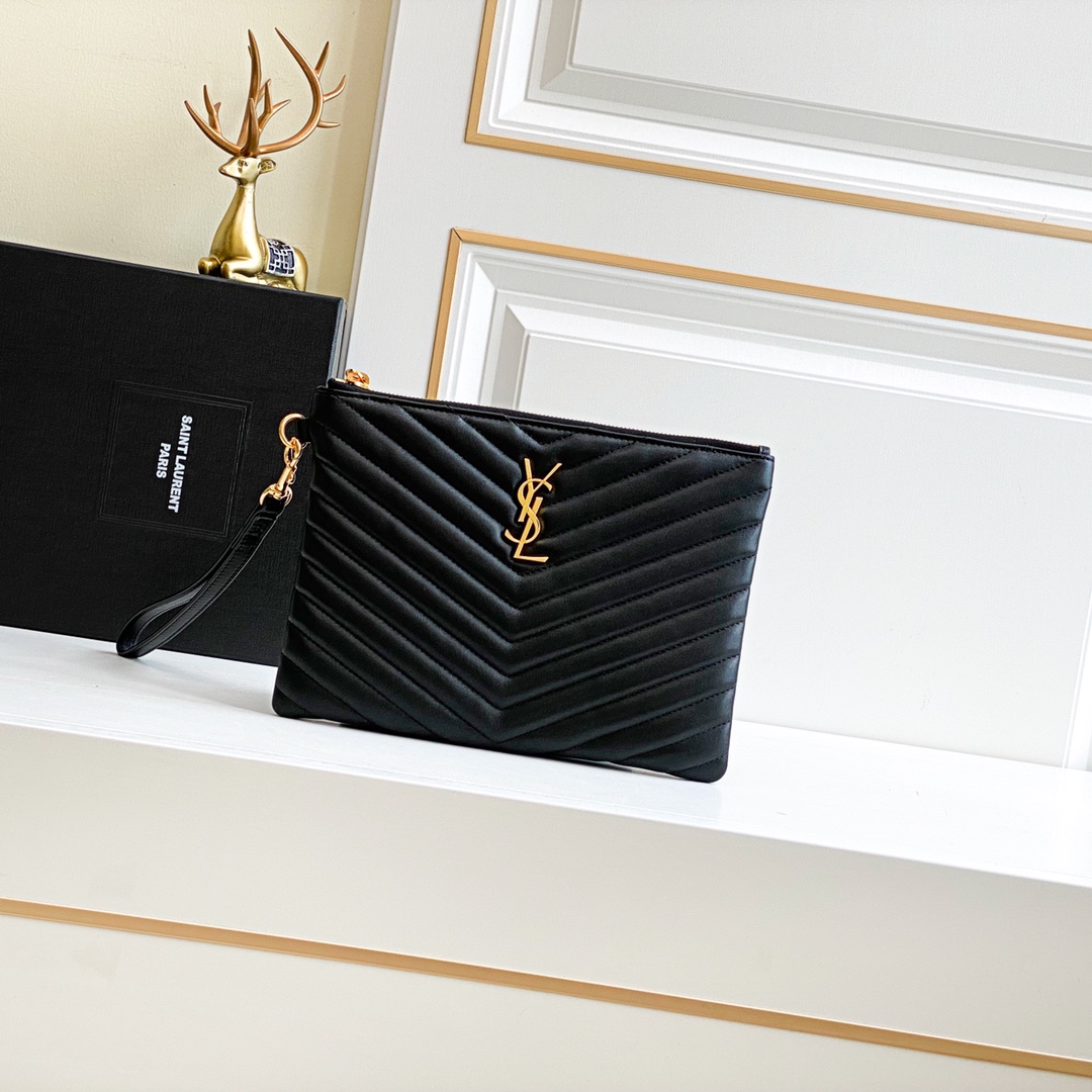 Saint Laurent Black Small Zip Pouch in Calfskin