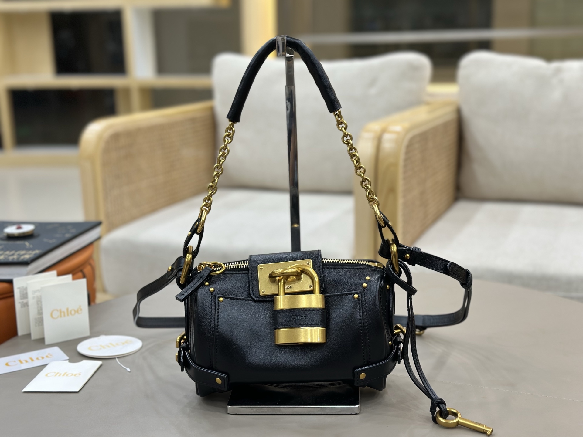 Chloe Small Paddington Chain Bag in Grained Calfskin-Black