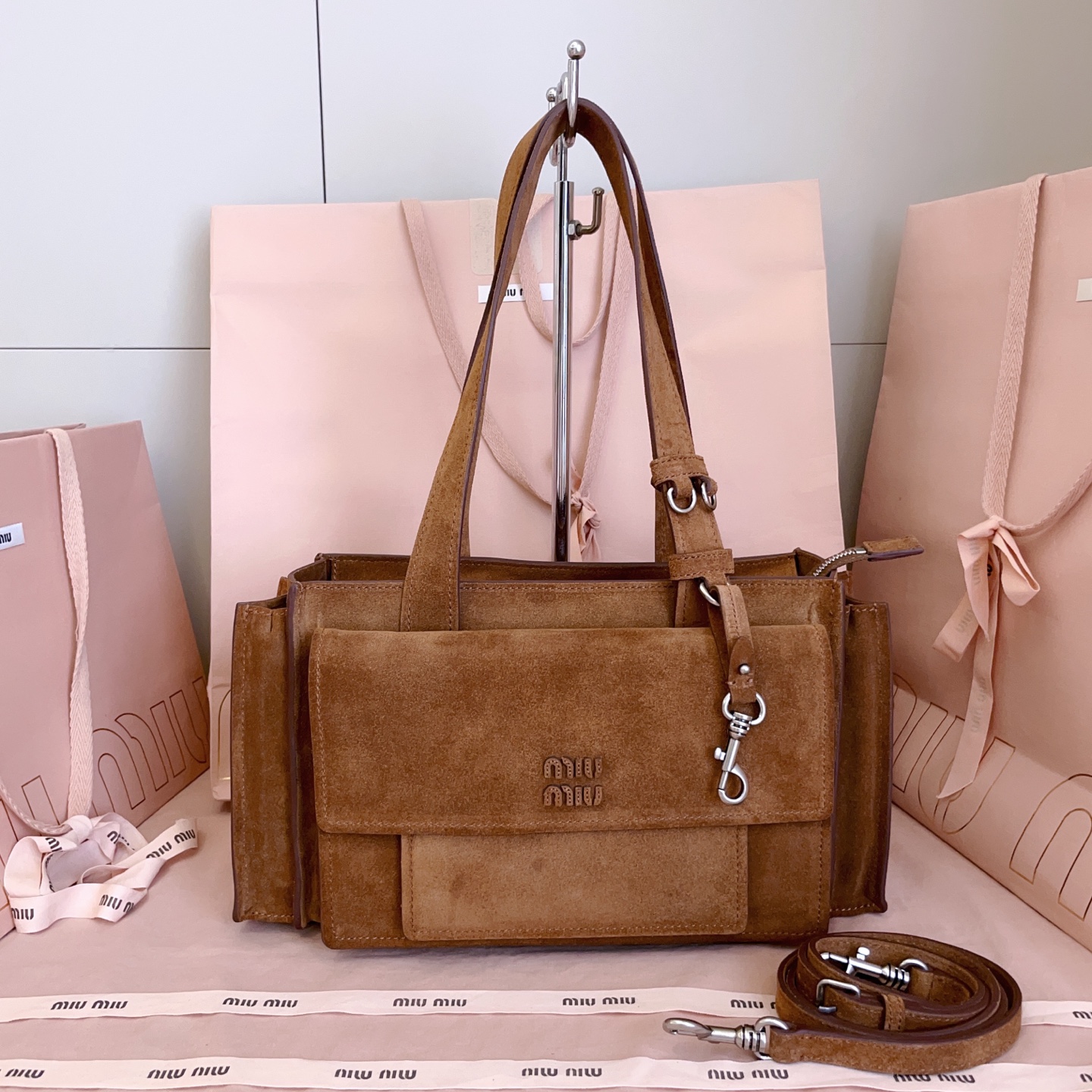 Miu Miu Cocoa Brown Utilitaire suede shopping bag 5BG335