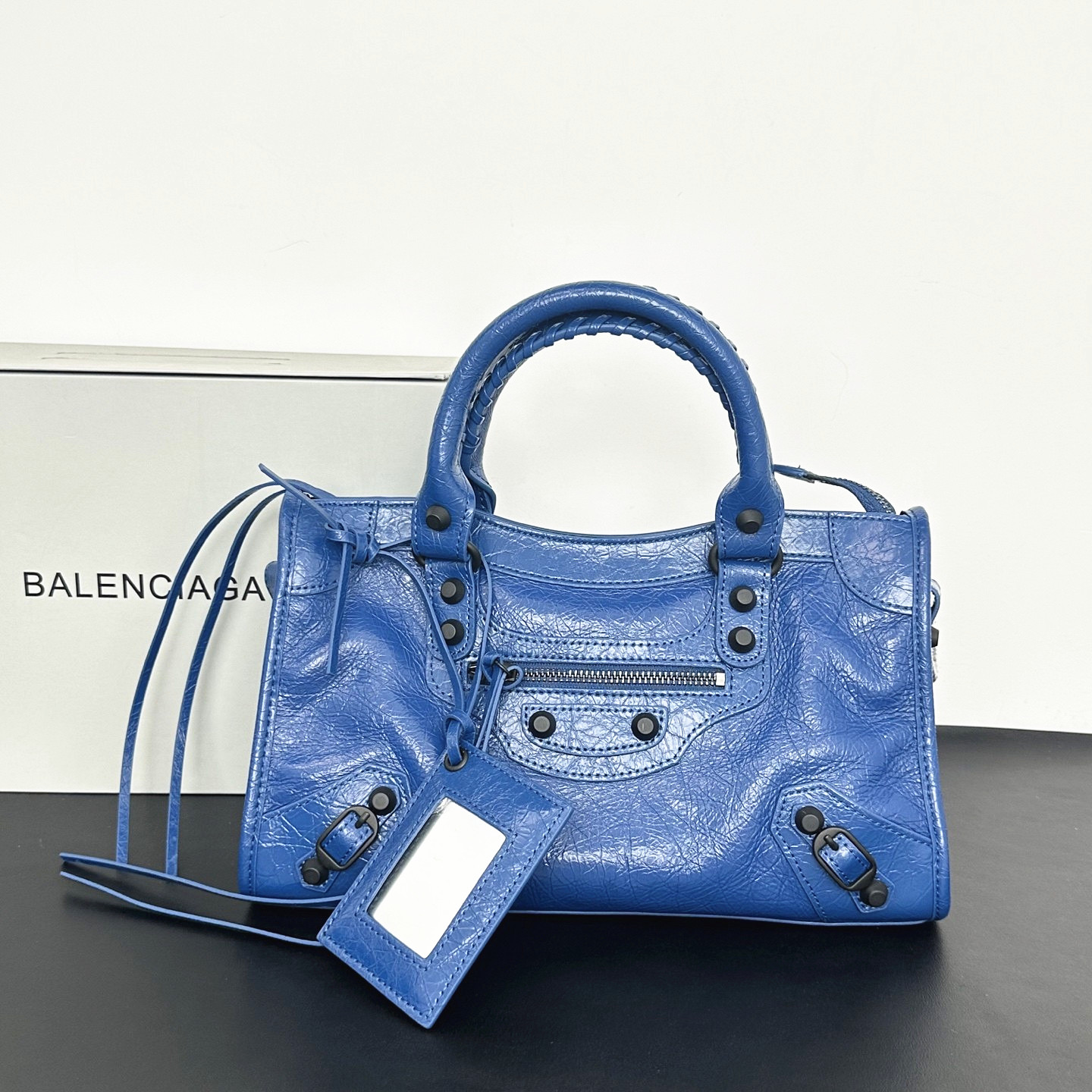 Balenciaga Le City Blue Soft Crinkled Leather Studded Mirror Charm Braided Handle Crossbody Bag - KAIROO