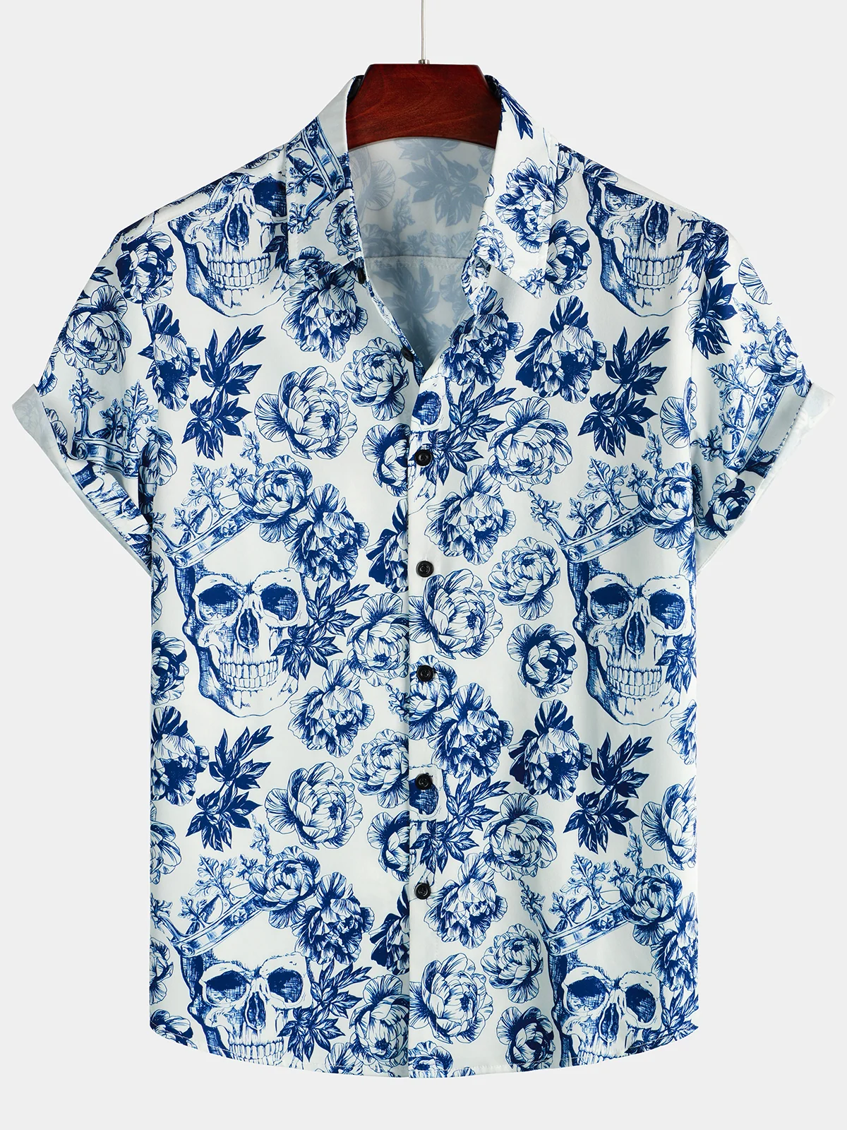 Men's Floral Skull Crown Punk Rock Print Short Sleeve Shirt