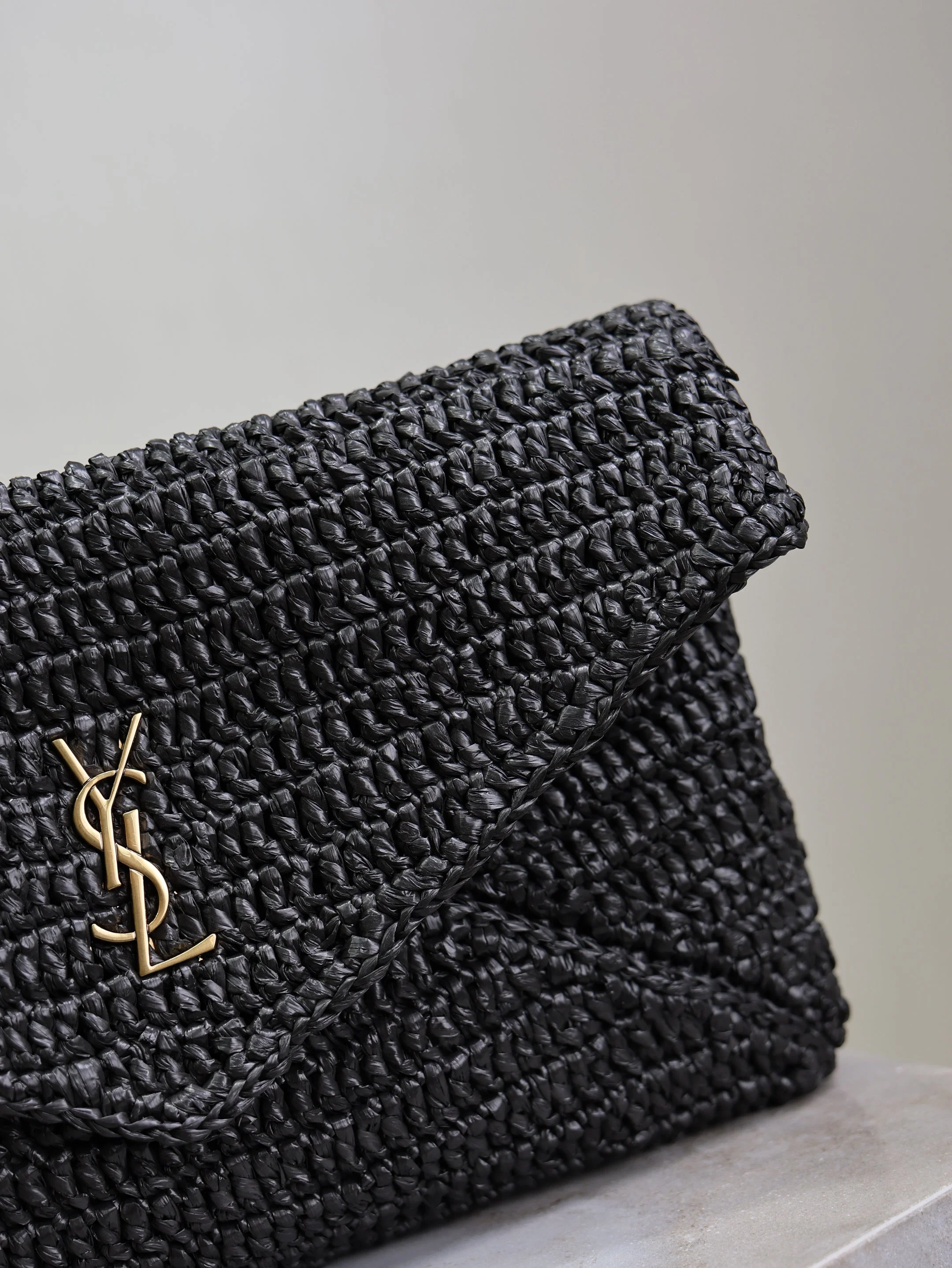 Saint Laurent YSL Envelope Clutch 29cm Black Raffia Leather