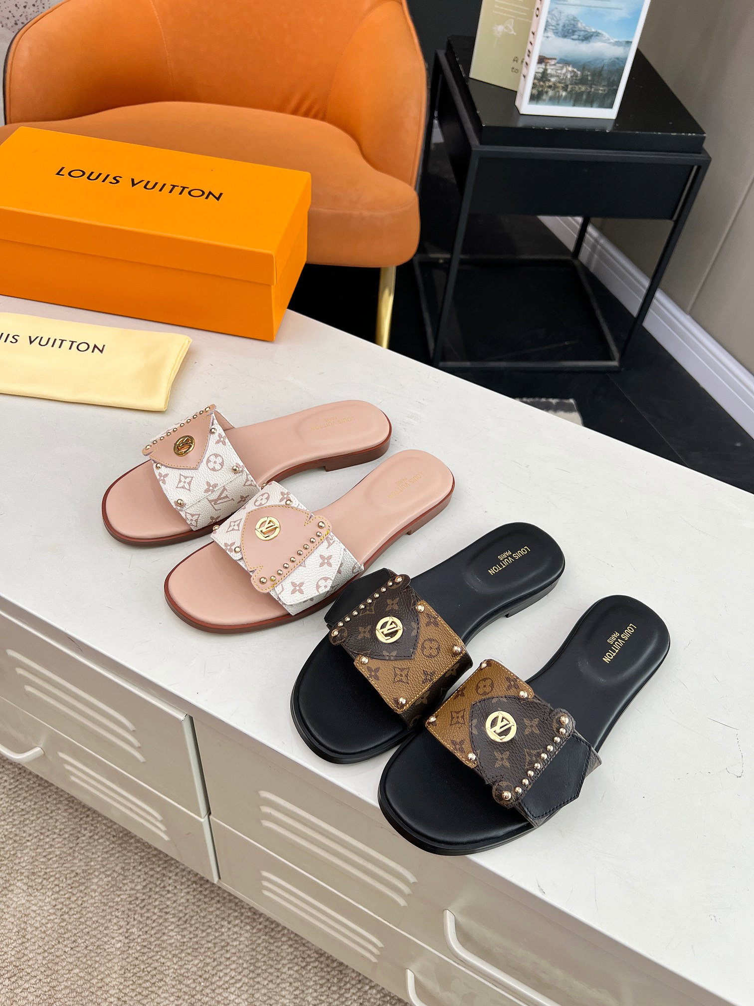 Louis Vuitton Monogram Canvas Studded Trim Gold LV Logo Lock Block Heel Mules & Flat Sandals - KAIROO
