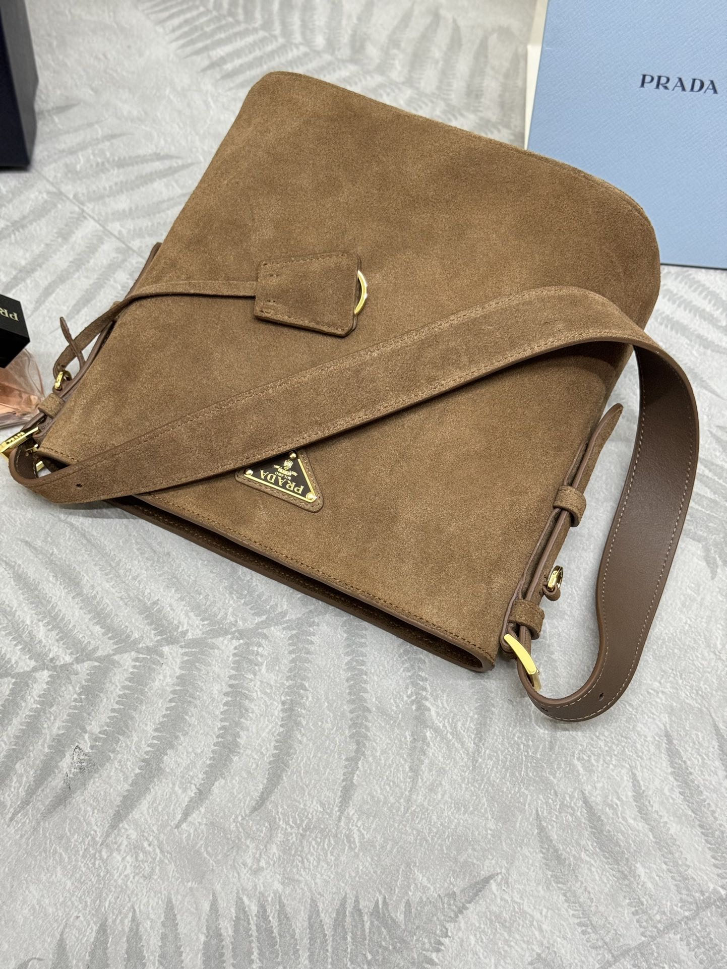 Prada BUCKET BAG 22 IN RUSSET BROWN SOFT SUEDE
