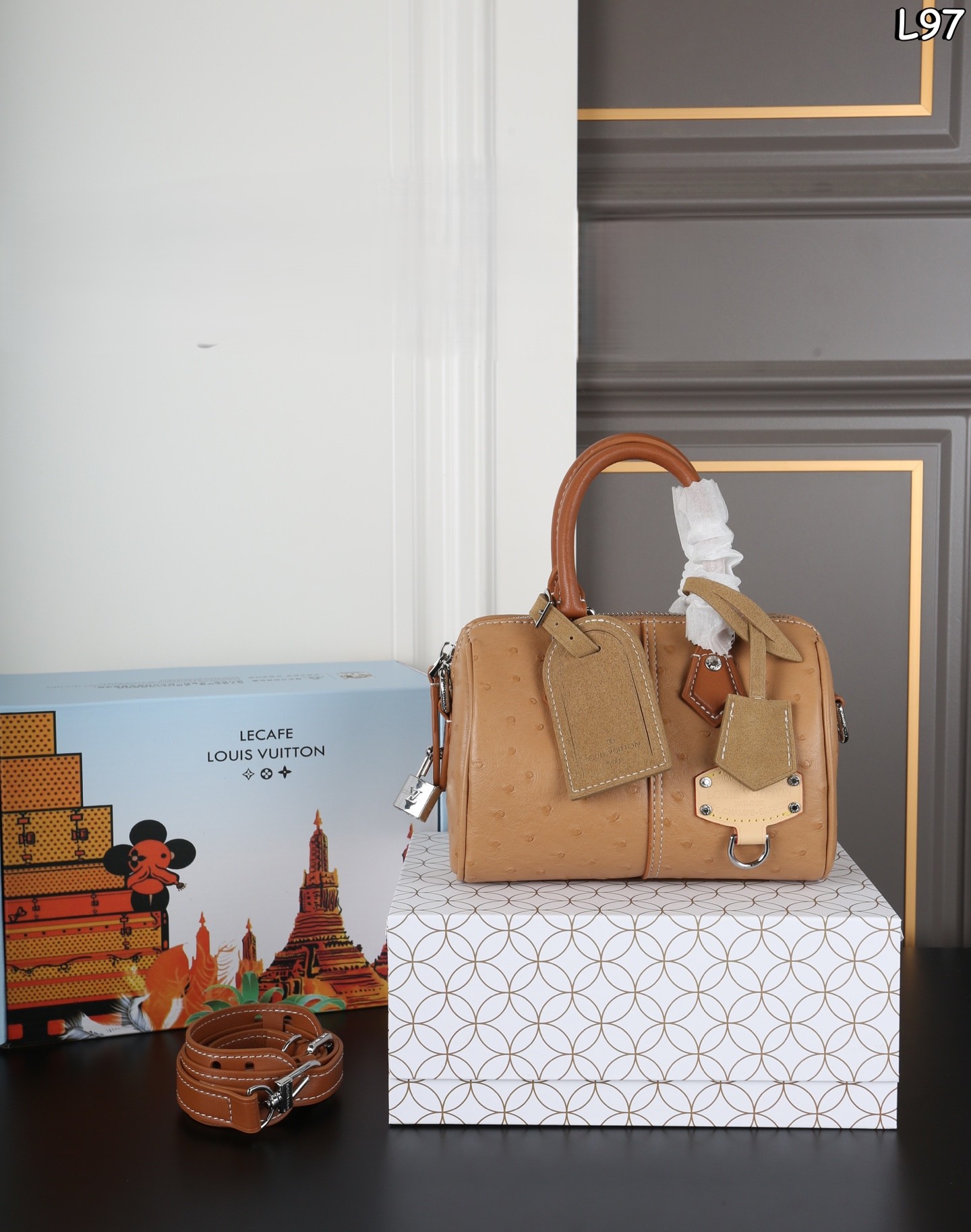 Louis Vuitton x Nigo LV Speedy 18 Ostrich Embossed Leather Suede Tag Boston Top Handle Bag - KAIROO